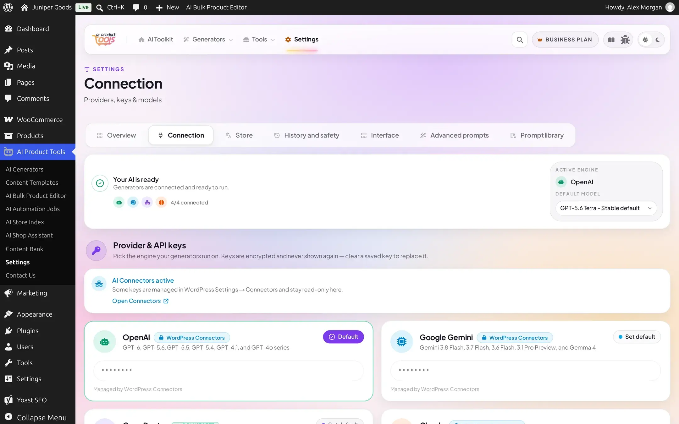 AI Connectors active banner on the Connection screen, with text some keys are managed in WordPress Settings Connectors and stay read only here, and an Open Connectors link