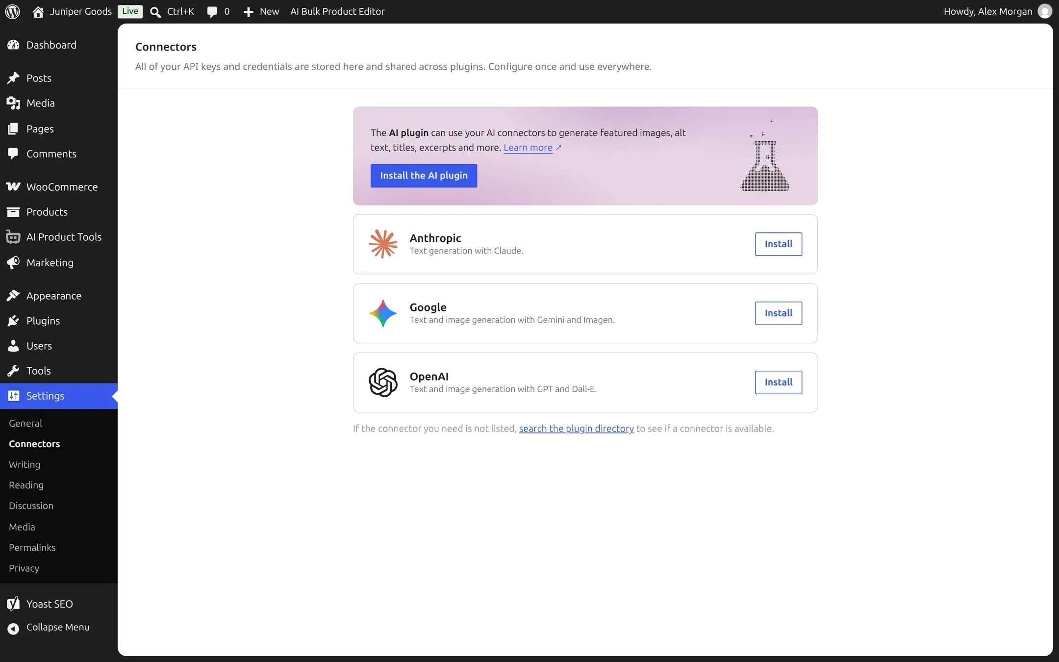 WordPress core Settings Connectors screen listing Anthropic, Google and OpenAI connector slots, each with an Install button