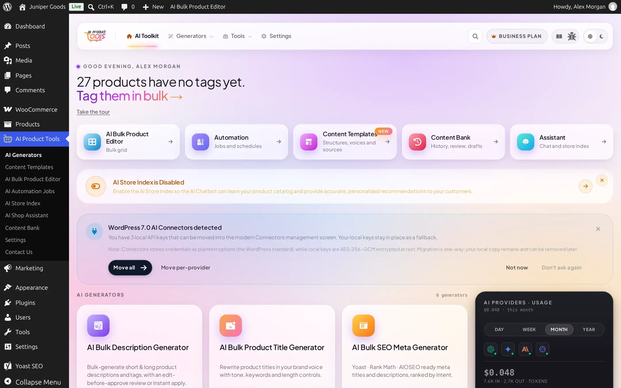 WordPress 7.0 AI Connectors detected banner on the Toolkit dashboard, listing 3 local API keys that can be moved, with Move all and Move per-provider buttons