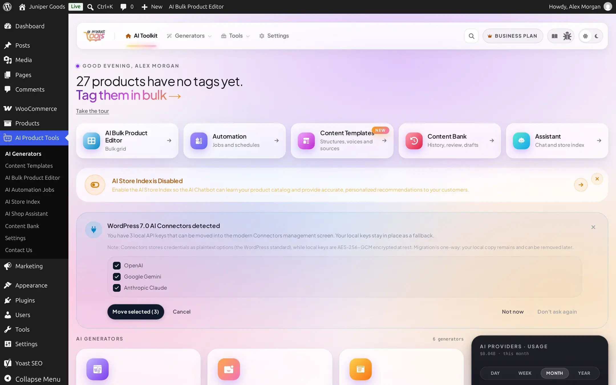 Checklist of OpenAI, Google Gemini and Anthropic Claude, each with a checked checkbox, and a Move selected 3 button