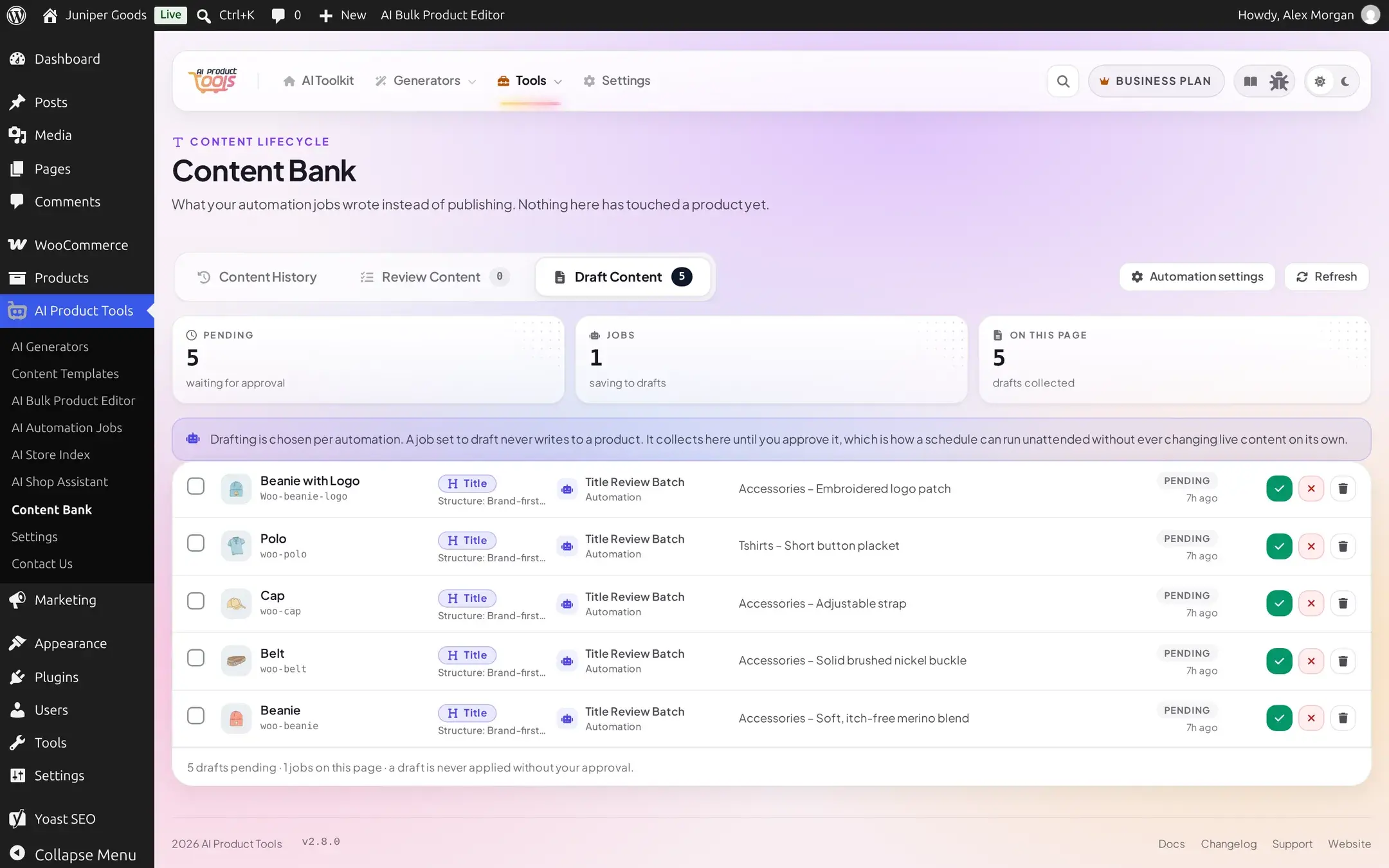 Draft Content tab with five pending drafts all produced by the Title Review Batch automation job
