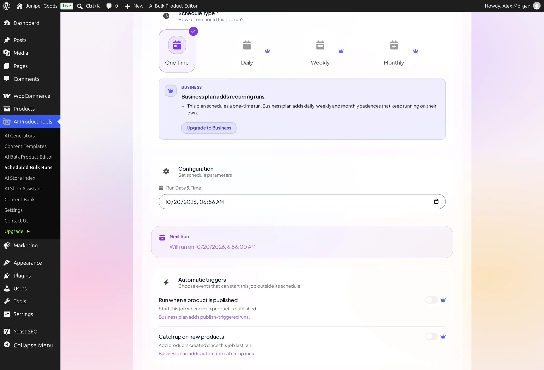 Schedule step on Free with Daily, Weekly, and Monthly shown locked, and both Automatic triggers toggles locked behind a Business badge