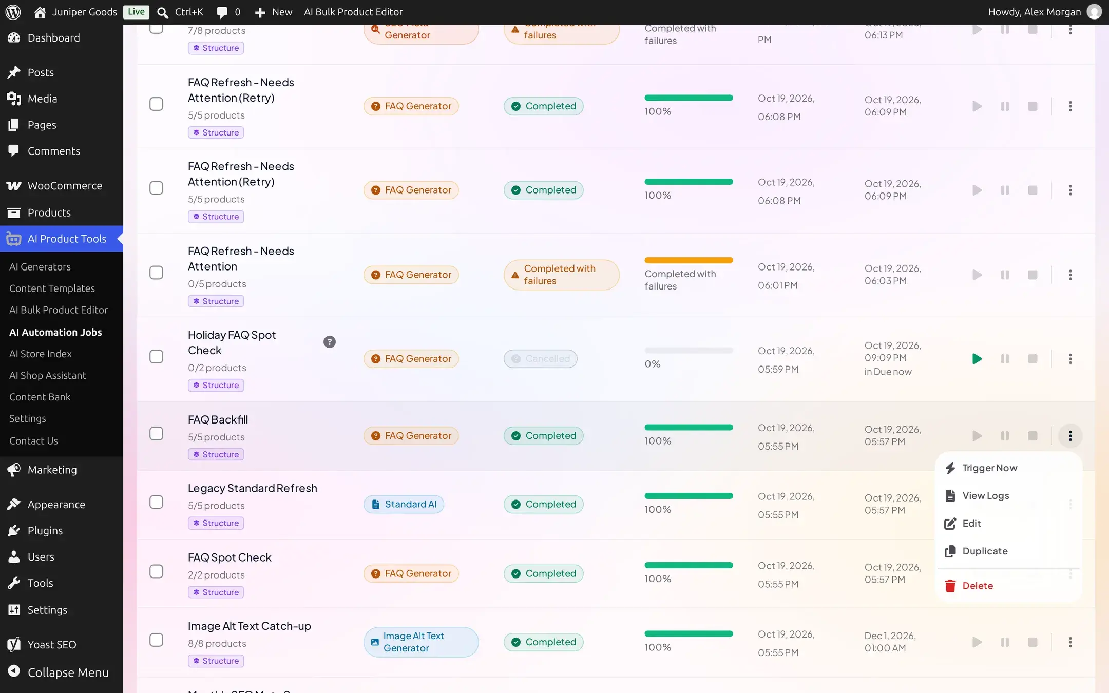 More actions menu open on a completed job with failures, showing Trigger Now, Retry Failed, View Logs, Edit, Duplicate, and Delete