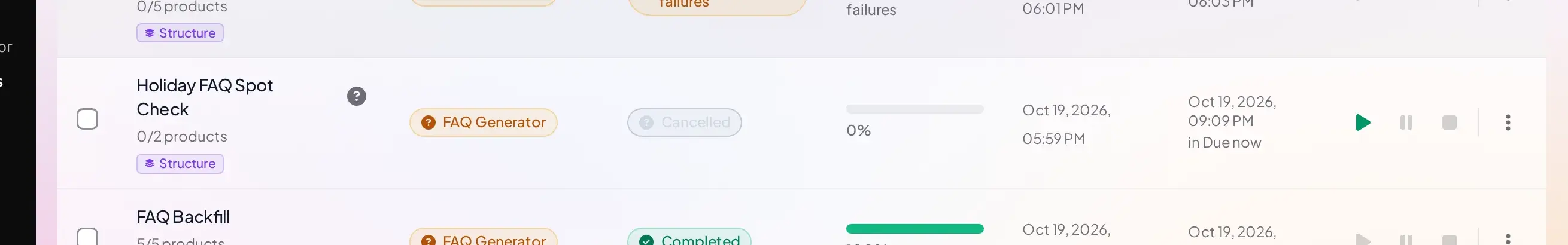 Job row with a Cancelled status pill, a muted grey question-mark icon next to its name, and a stale Next Run time still counting down