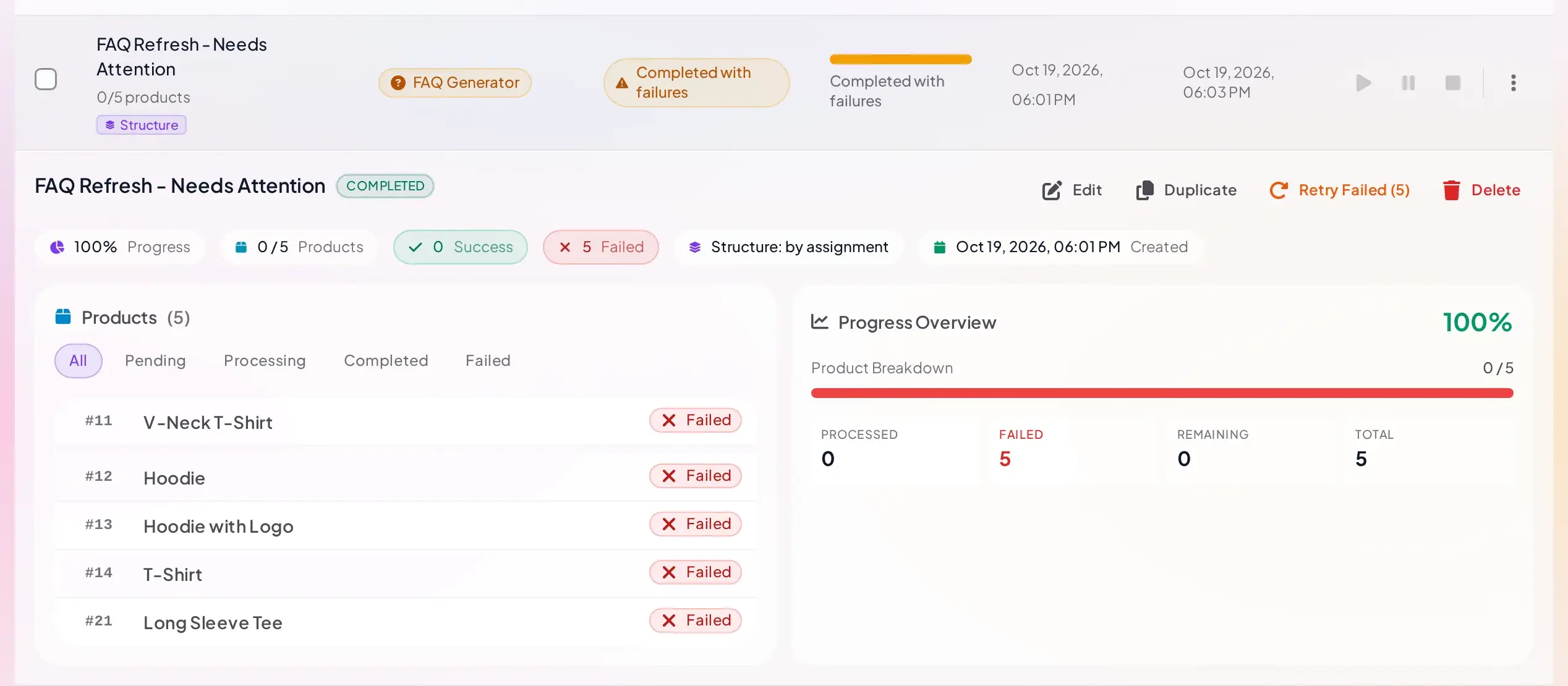 A job row reading Completed with failures, with its expanded detail panel below showing a plain Completed badge, Progress, Products, Success, and Failed stat tiles, and a Products list with five Failed rows