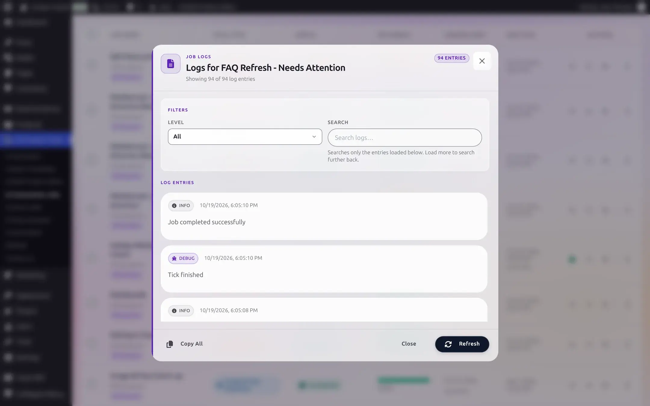 Job Logs modal showing 94 entries, a Level filter set to All, a search box, and INFO and DEBUG log entries