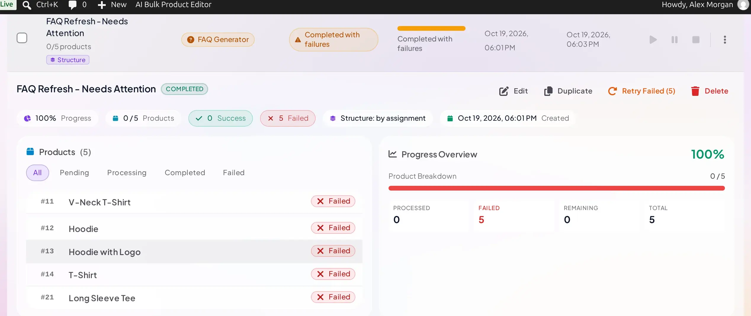 Per-product list with five rows all marked Failed, next to a Progress Overview panel showing 0 processed, 5 failed, 5 total