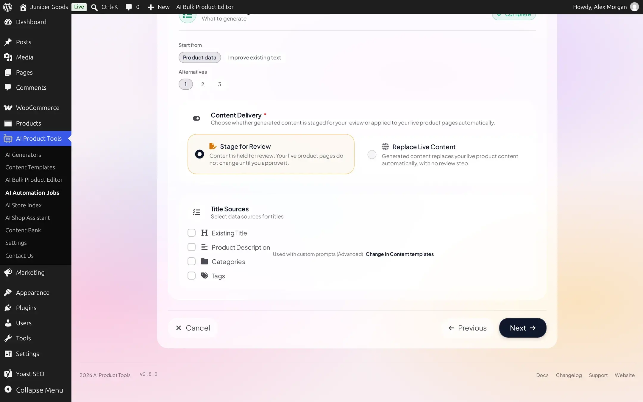 Content Settings step with Stage for Review selected, showing Content is held for review, your live product pages do not change until you approve it
