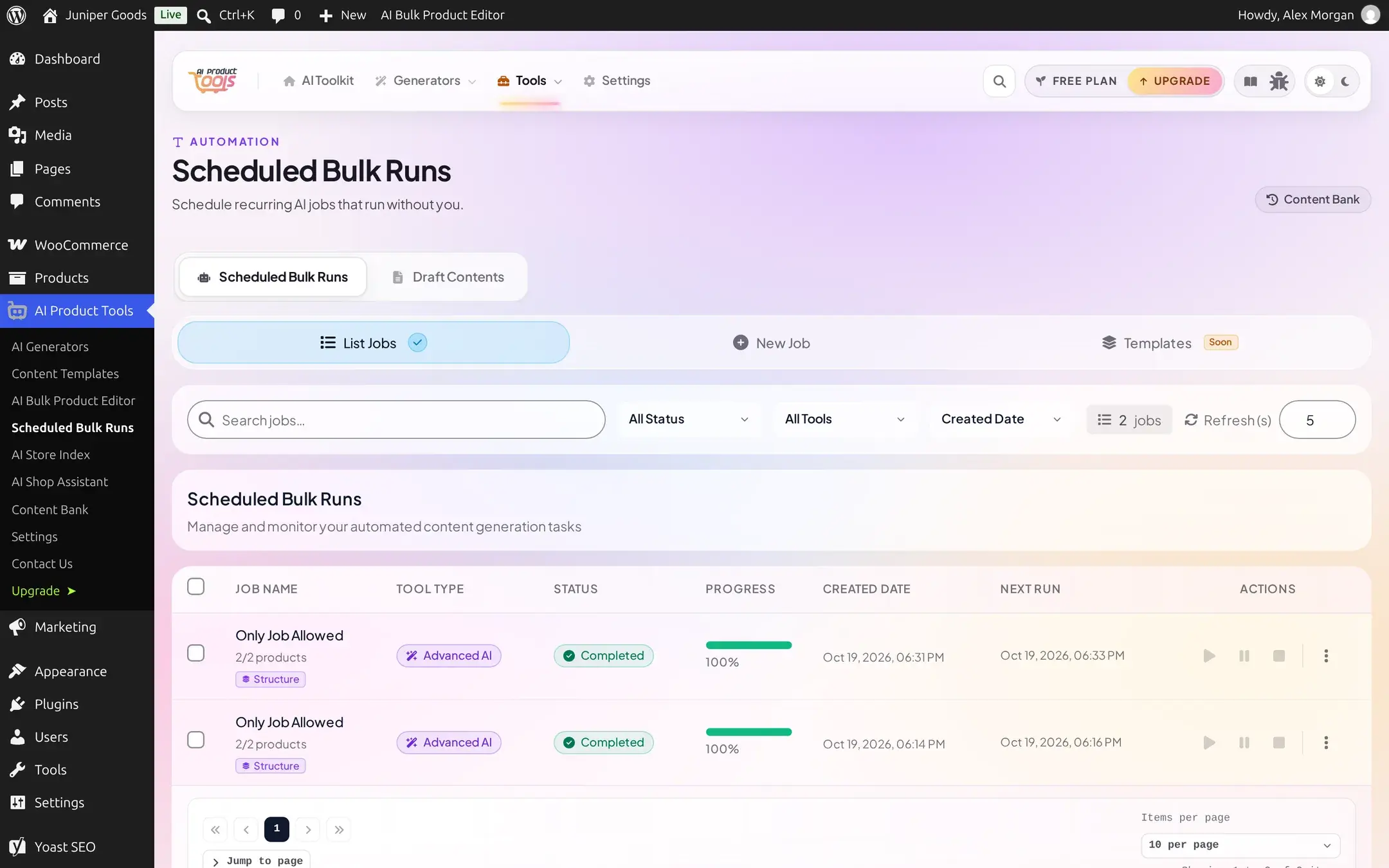 Scheduled Bulk Runs empty list on a Free plan site, with the Free plan badge and an Upgrade button in the top bar