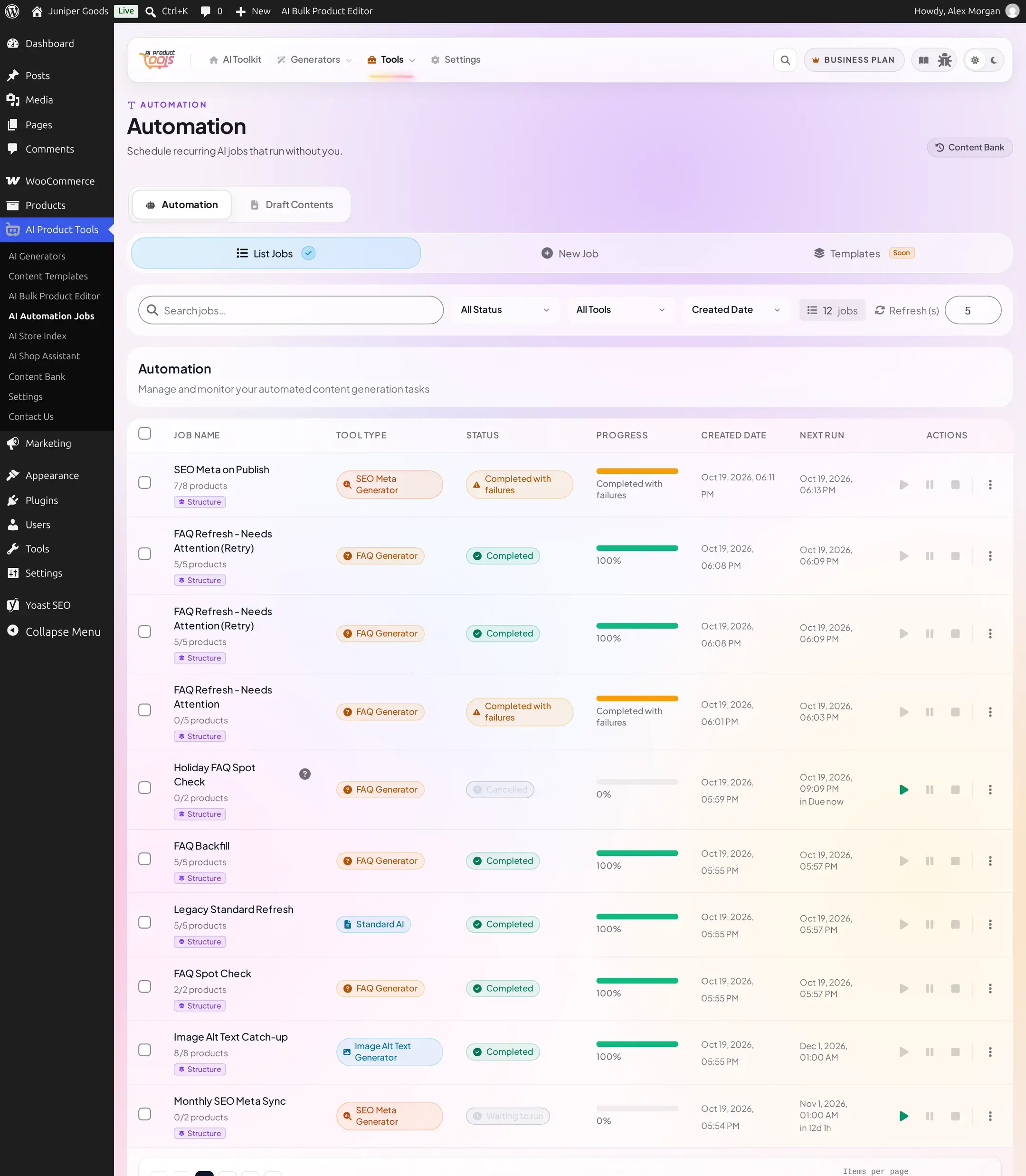 Automation jobs list on a Business site showing jobs in Cancelled, Completed, Completed with failures, and Waiting to run states