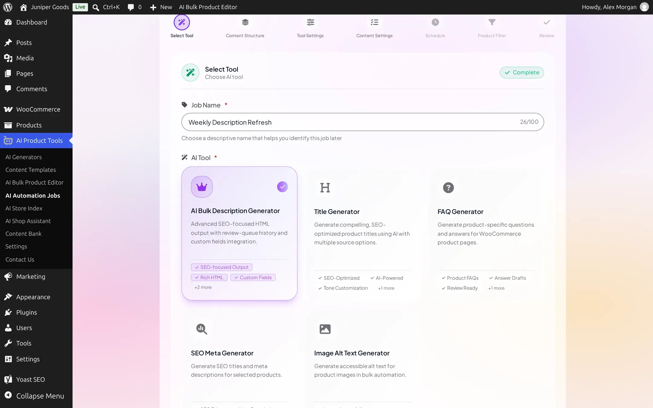 Step 1 Select Tool with a Job Name field and five AI Tool cards: Description, Title, FAQ, SEO Meta, and Image Alt Text