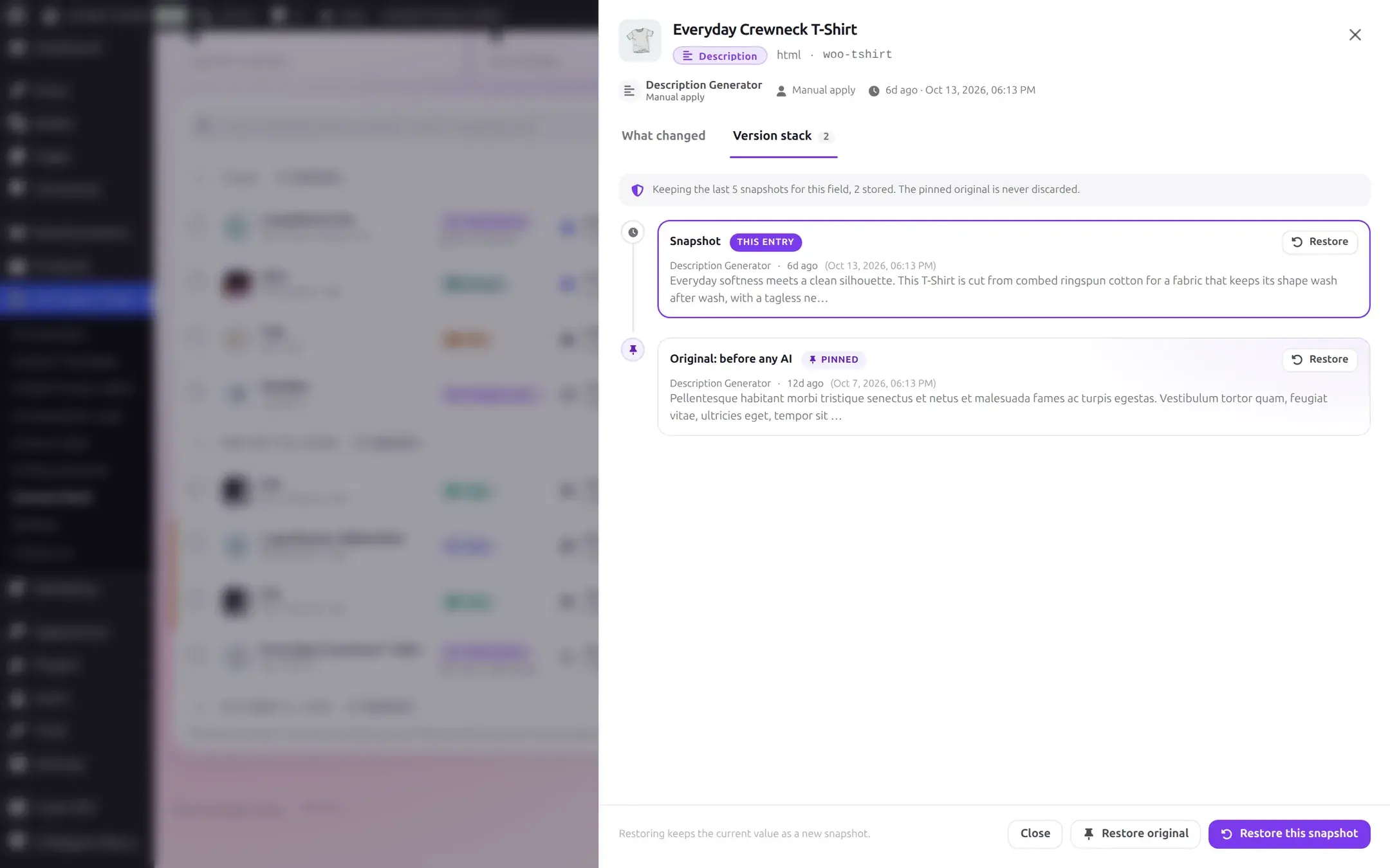 Version stack tab showing a retention banner, the currently viewed snapshot marked This entry, and the pinned original marked Original: before any AI
