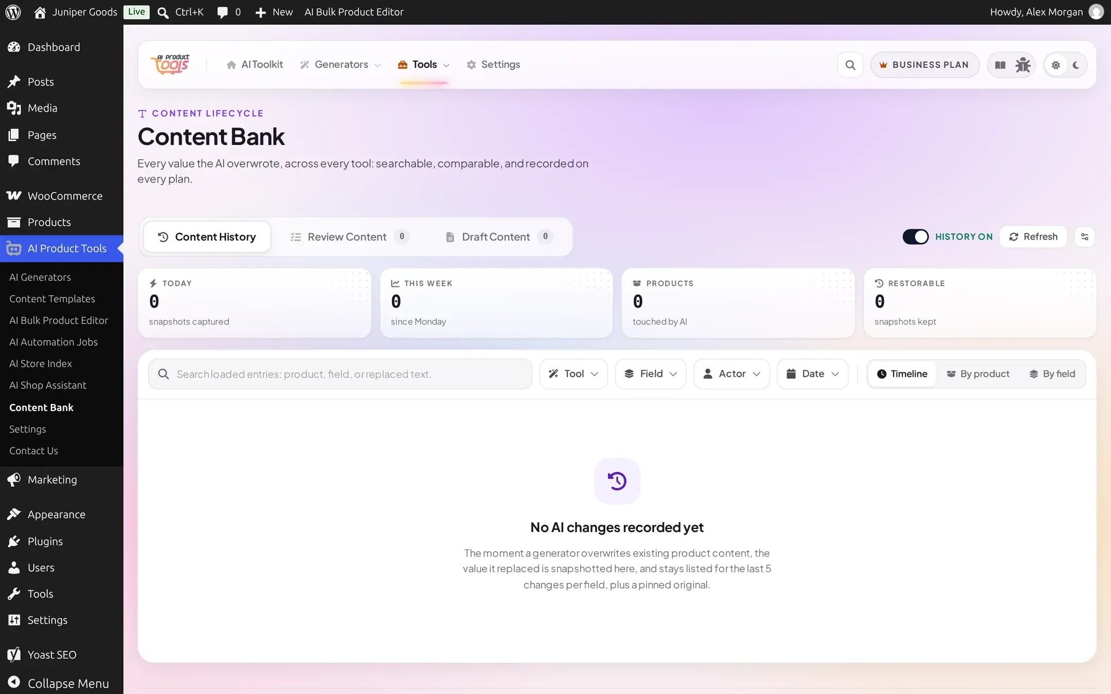 Content History tab on a store with no AI changes yet, showing the No AI changes recorded yet empty state