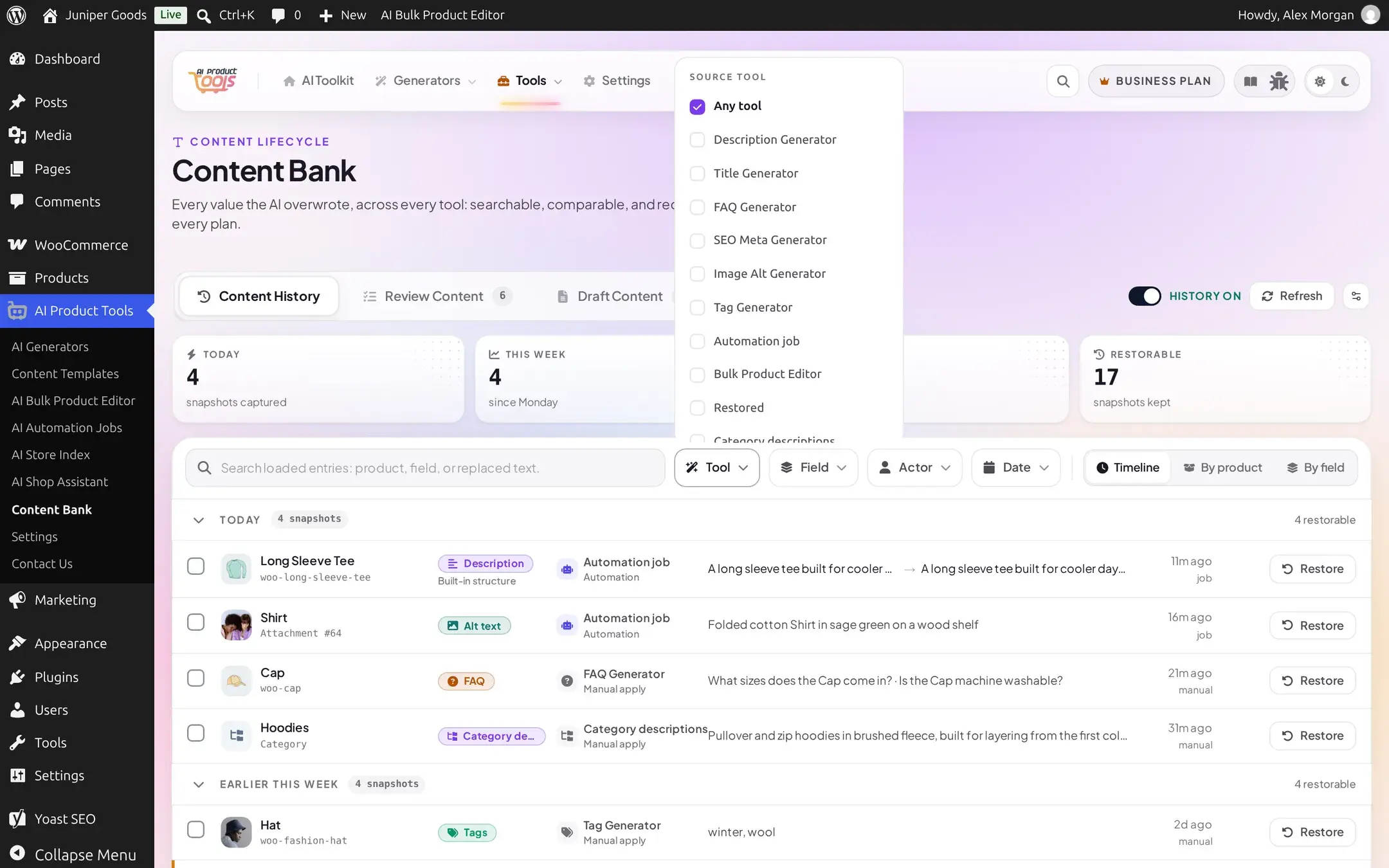 Source tool filter popover open over the Content History list, listing every tool plus Automation job, Bulk Product Editor, Restored, Category descriptions, and CSV import