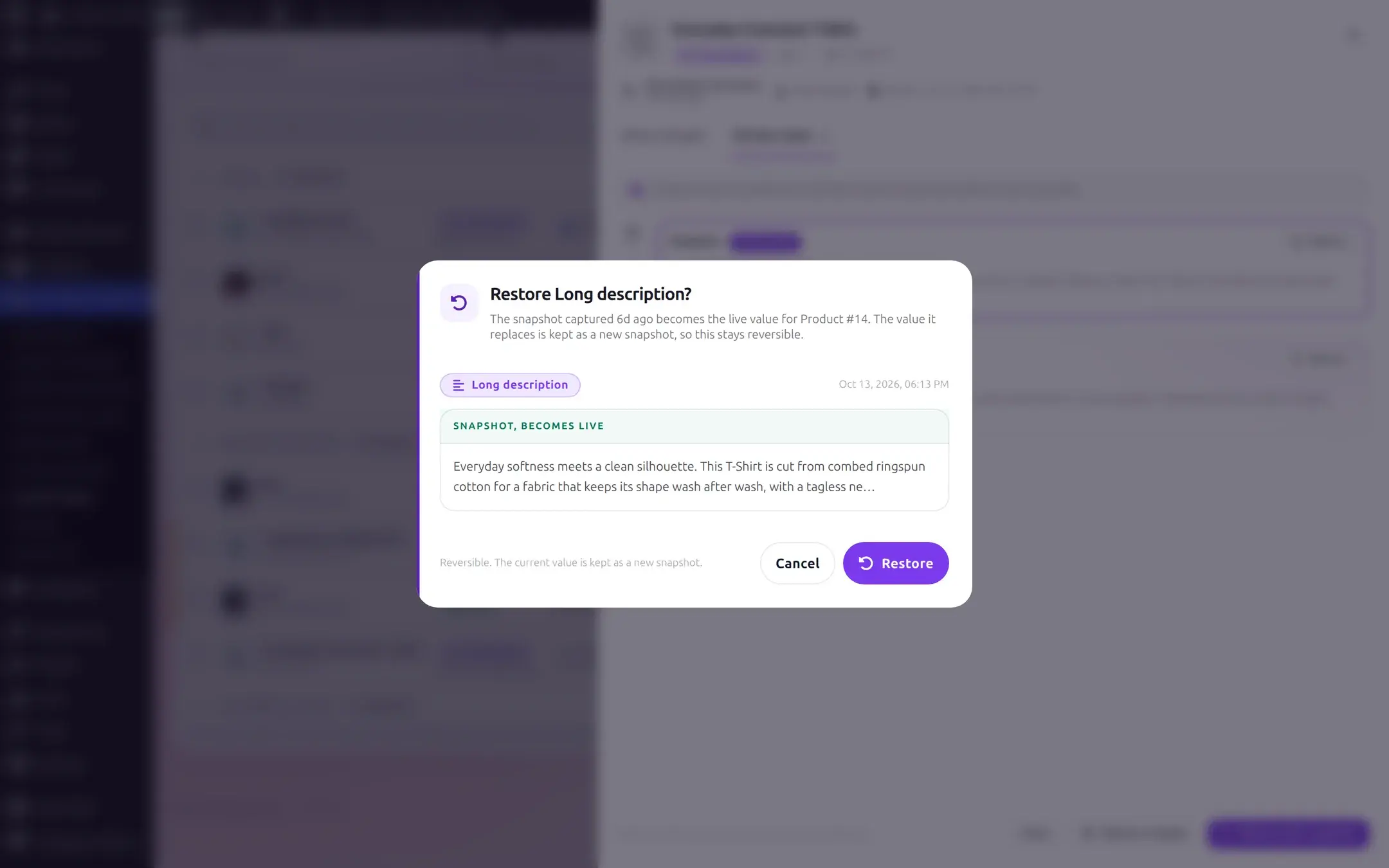 Restore Long description confirmation dialog showing the snapshot text that will become live, with Cancel and Restore buttons