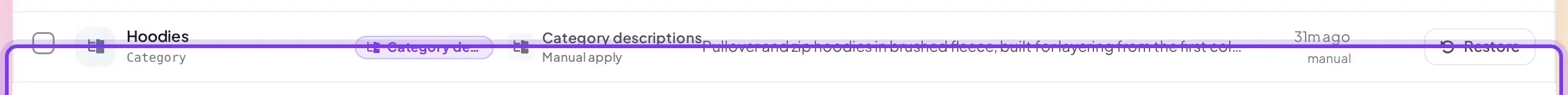 A category history row for Hoodies, labeled Category instead of a product thumbnail and SKU, with a Category description field badge and the Category descriptions source