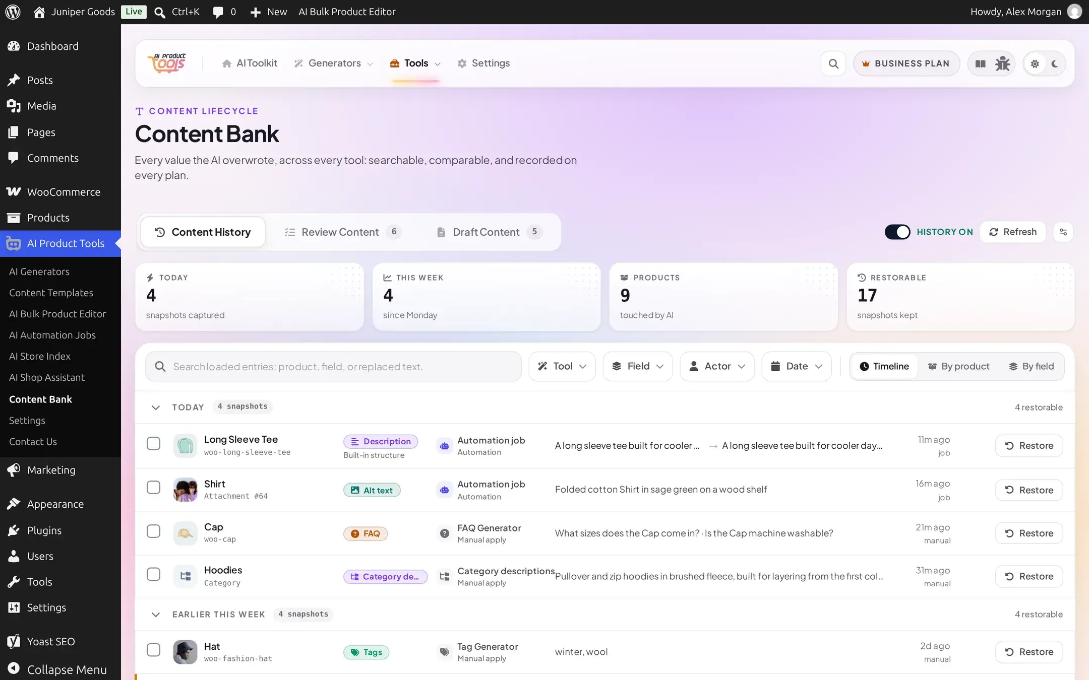 Content Bank page showing the Content History tab with its three-tab strip, four summary stat tiles, and a timeline of recent AI changes