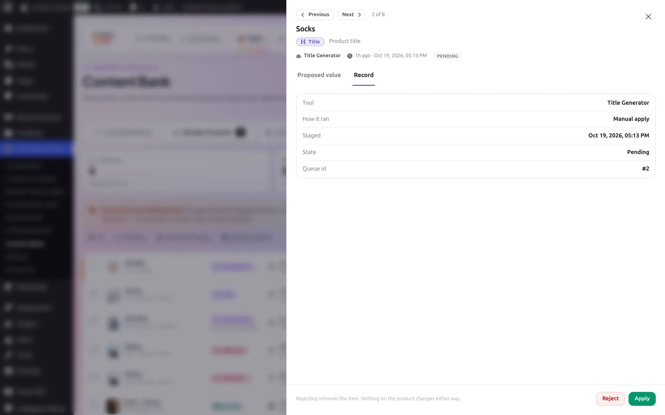 Record tab of the Review Content detail drawer, listing Tool, How it ran, Staged, State, and Queue id