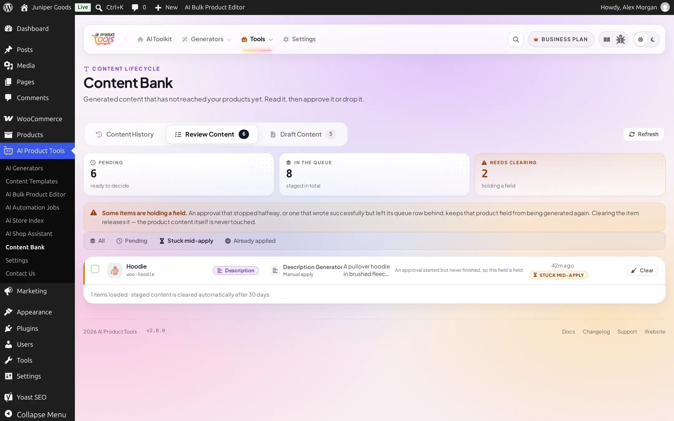Review Content filtered to Stuck mid-apply, showing one item and a footer noting staged content is cleared automatically after 30 days