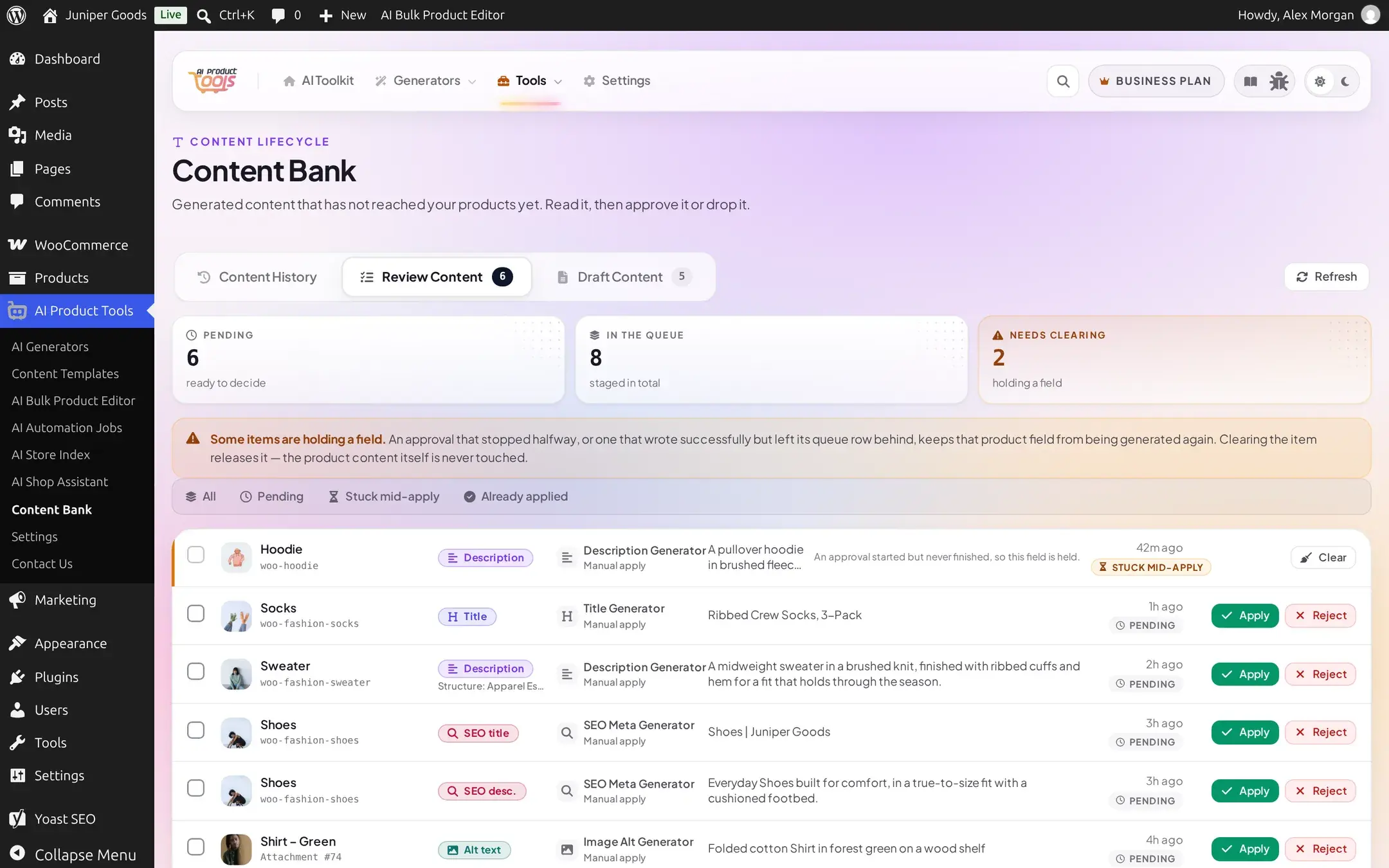 Review Content queue on Business showing one stuck mid-apply item and five pending items across description, title, SEO meta, and image alt tools