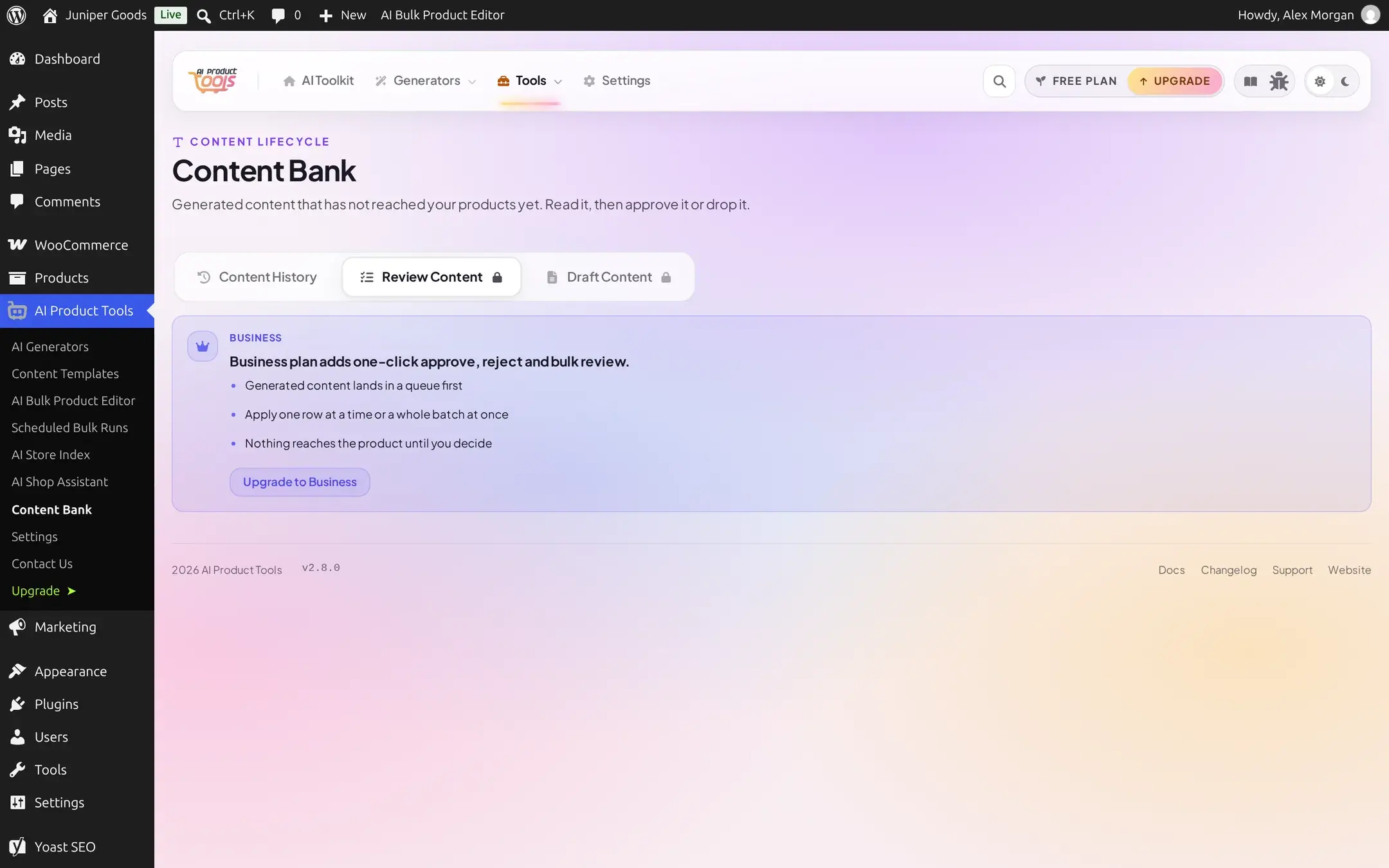 Review Content tab on a Free plan showing a locked Business upsell teaser with three bullet points and an Upgrade to Business button