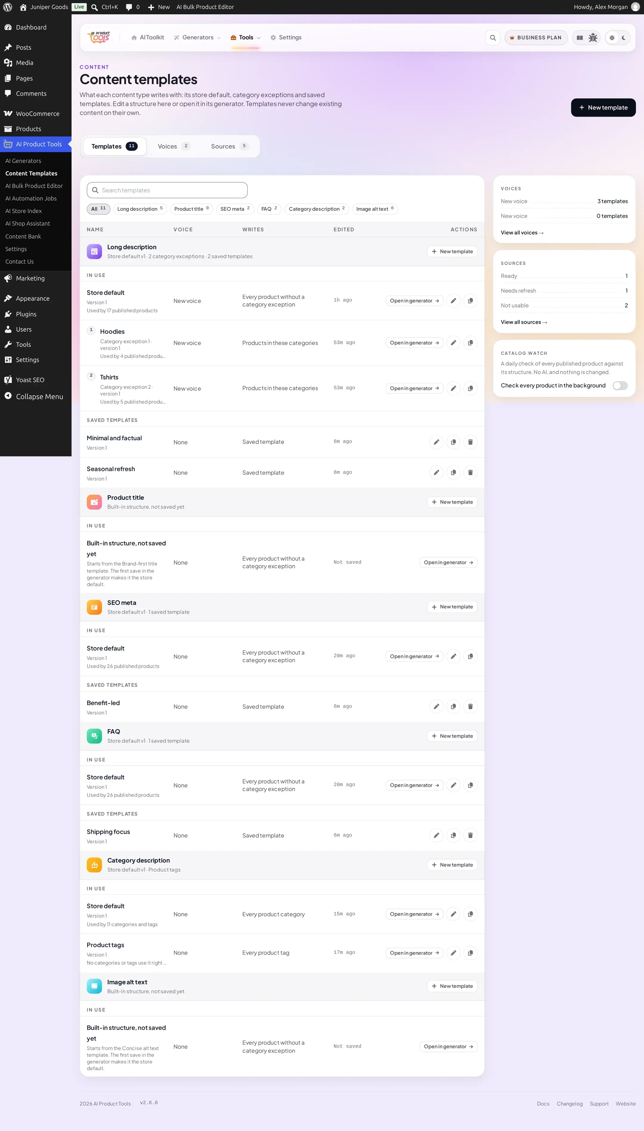 Content Templates library page listing Long description, Product title, SEO meta, FAQ, Category description and Image alt text, each showing its in-use structure and saved templates, with a right rail for Voices, Sources and Catalog watch