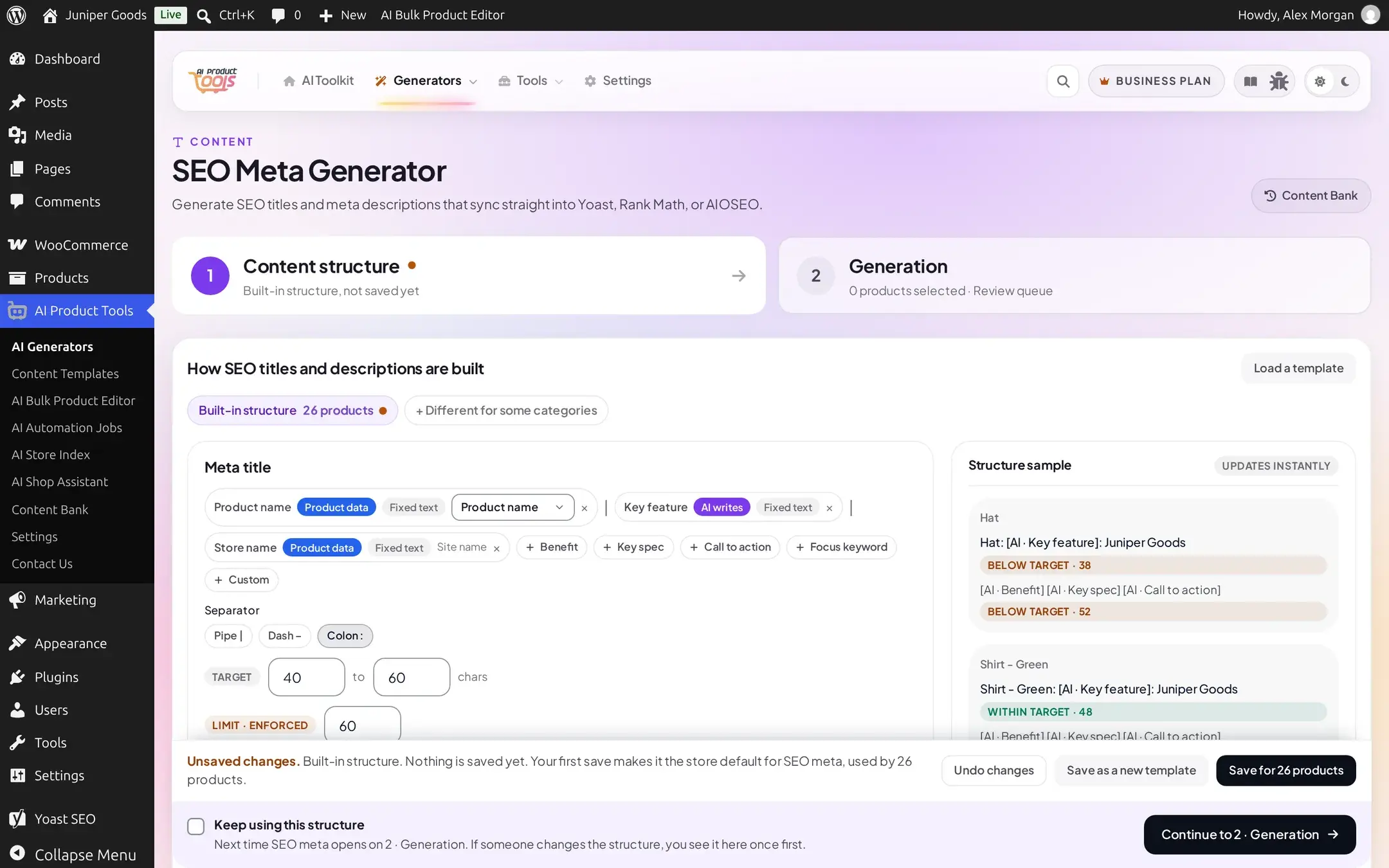 SEO Meta Generator tab 1 with the Meta title token builder, a Colon separator, and its character target and hard limit