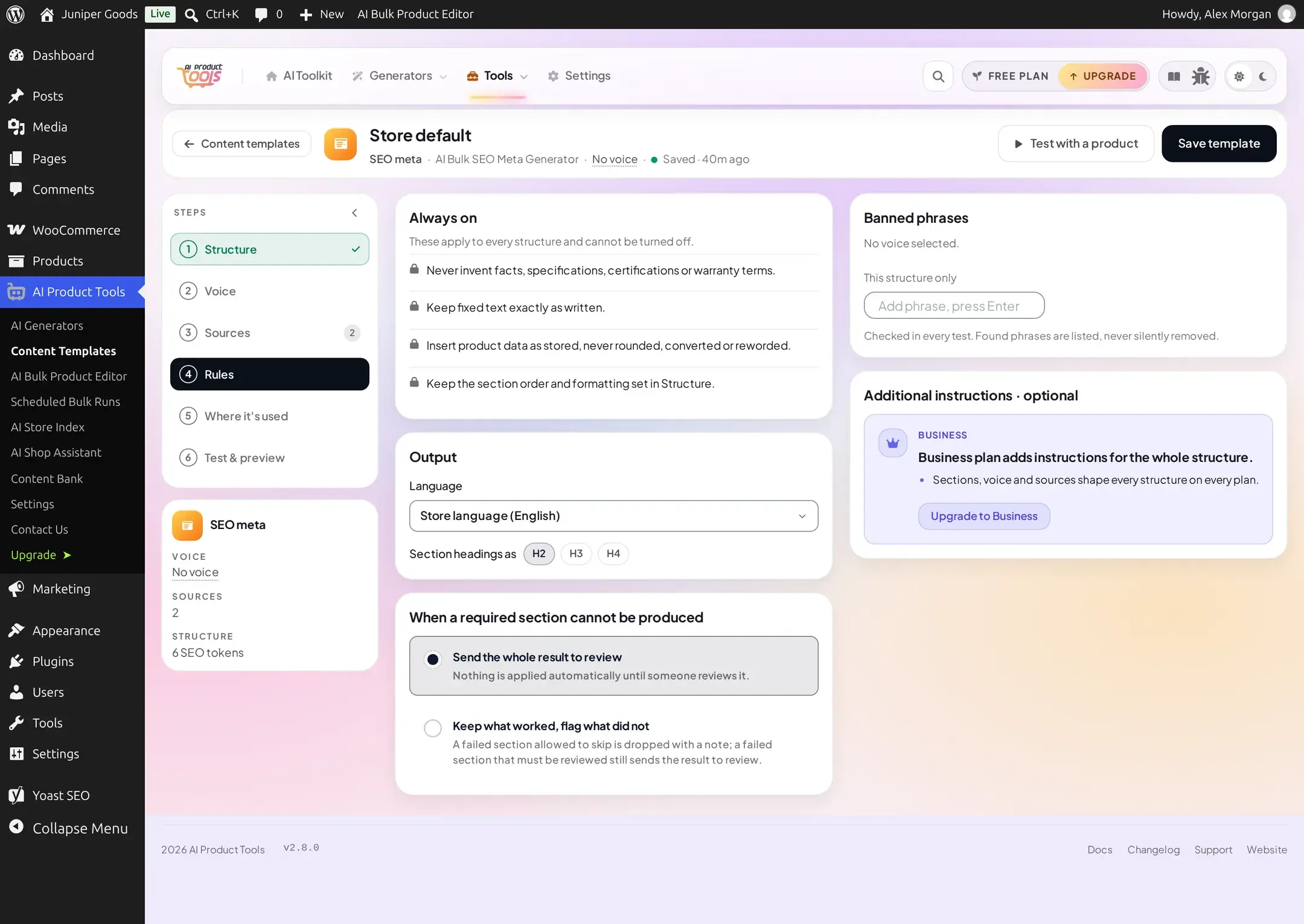 SEO meta structure's Rules tab on the Free plan, with Additional instructions replaced by a Business plan adds instructions for the whole structure upsell card