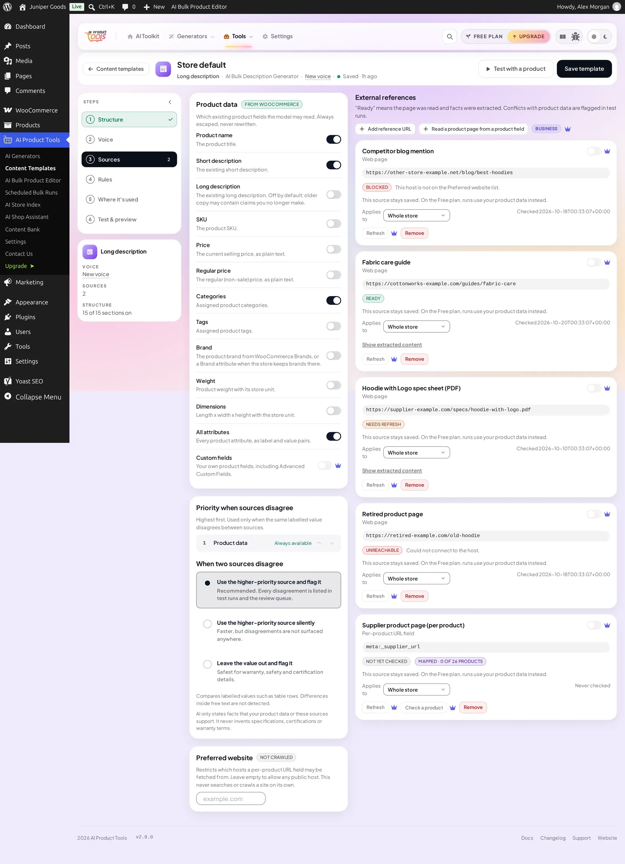 A structure's Sources tab on the Free plan: Custom fields locked with a crown, both Add reference URL and Read a product page from a product field marked Business, and five existing web sources each still listed with the note This source stays saved, on the Free plan runs use your product data instead