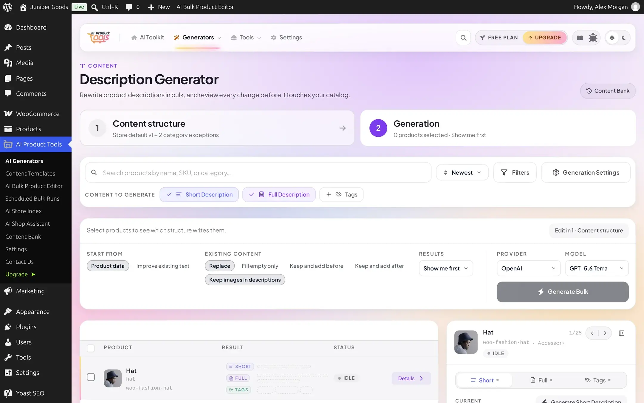 Description Generator on the Free plan, with FREE PLAN and Upgrade shown in the toolbar and the Content structure step still reporting Store default v1 plus 2 category exceptions
