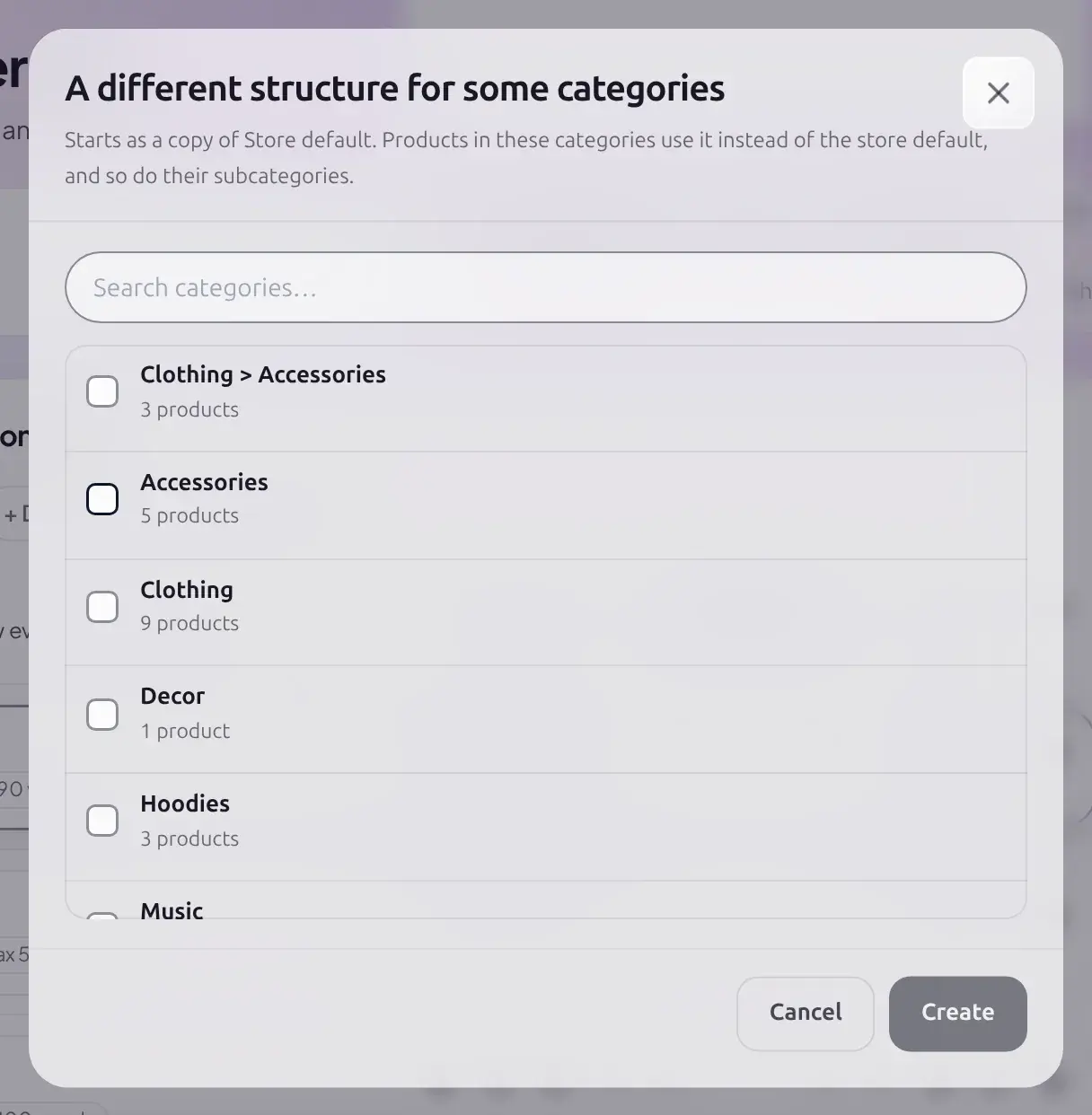 A different structure for some categories dialog with a search box and a checklist of categories showing their product counts