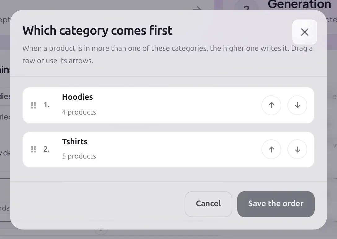 Which category comes first dialog listing Hoodies and Tshirts exceptions with up and down arrow buttons to reorder them