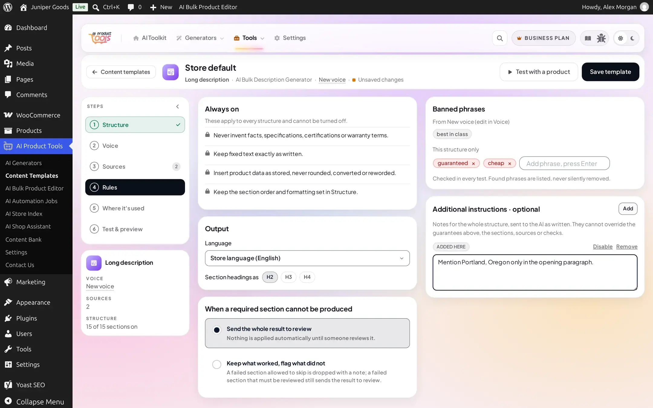Rules tab showing Always on guarantees, output language and heading settings, a banned phrases list with two entries, and an additional instruction