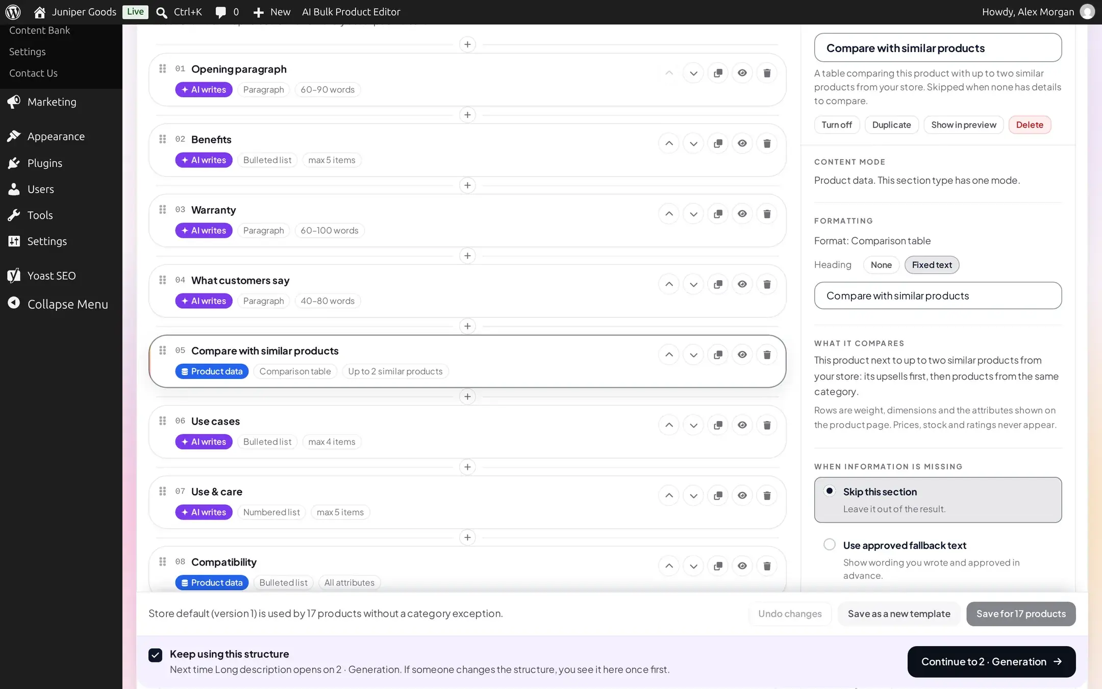 Compare with similar products section selected, showing What it compares: this product next to up to two similar products, rows are weight, dimensions and the attributes shown on the product page