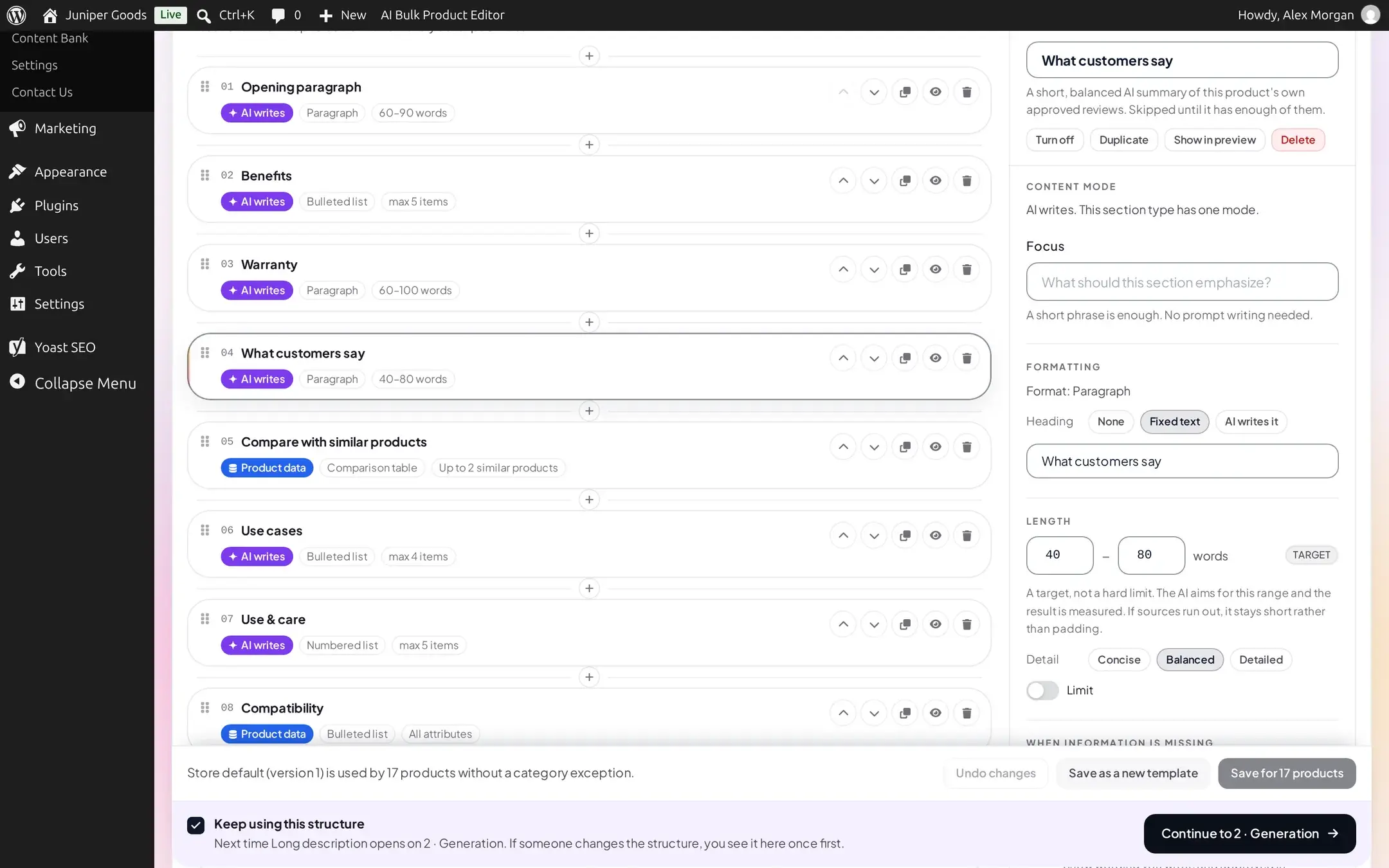 What customers say section selected, described as a short balanced AI summary of the product's own approved reviews, skipped until it has enough of them
