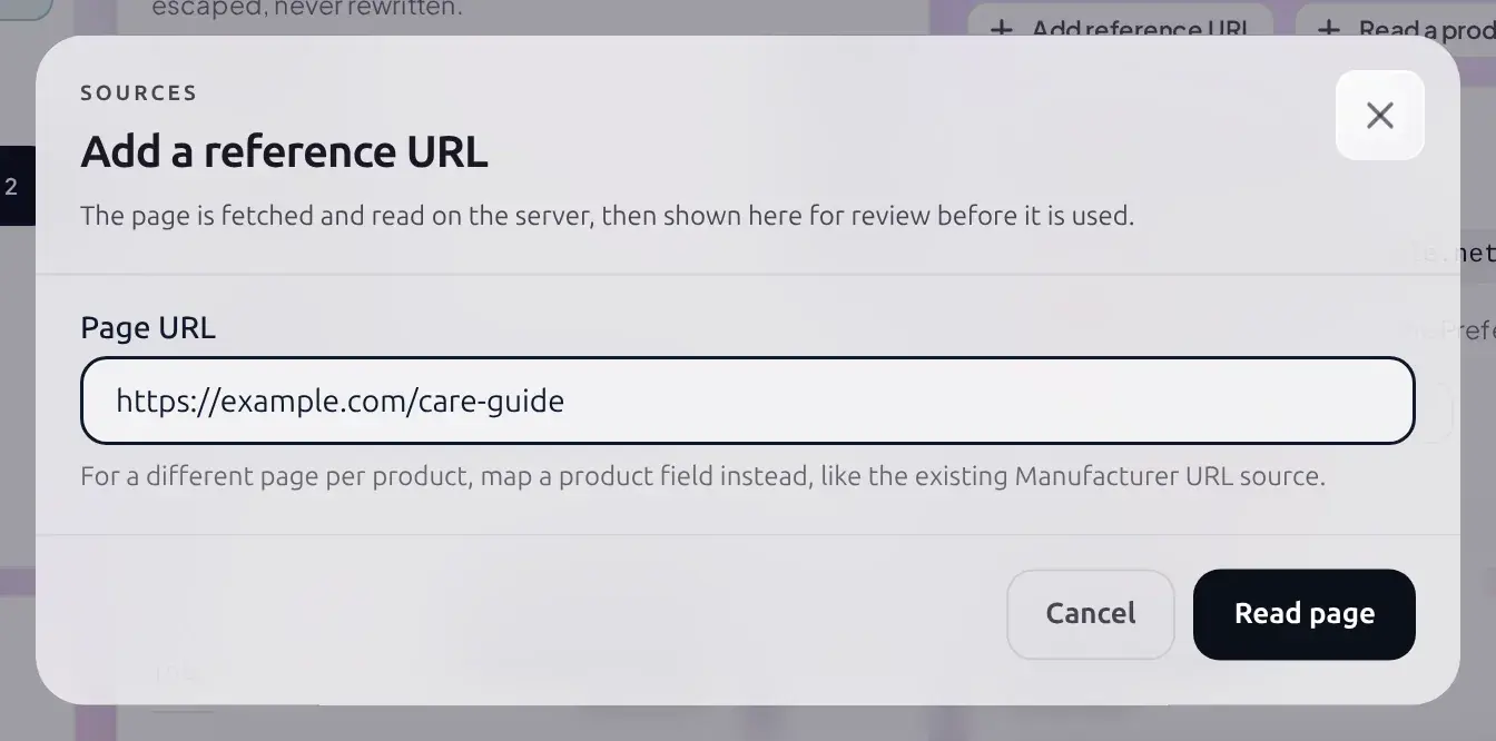 Add reference URL dialog with a URL field being typed in