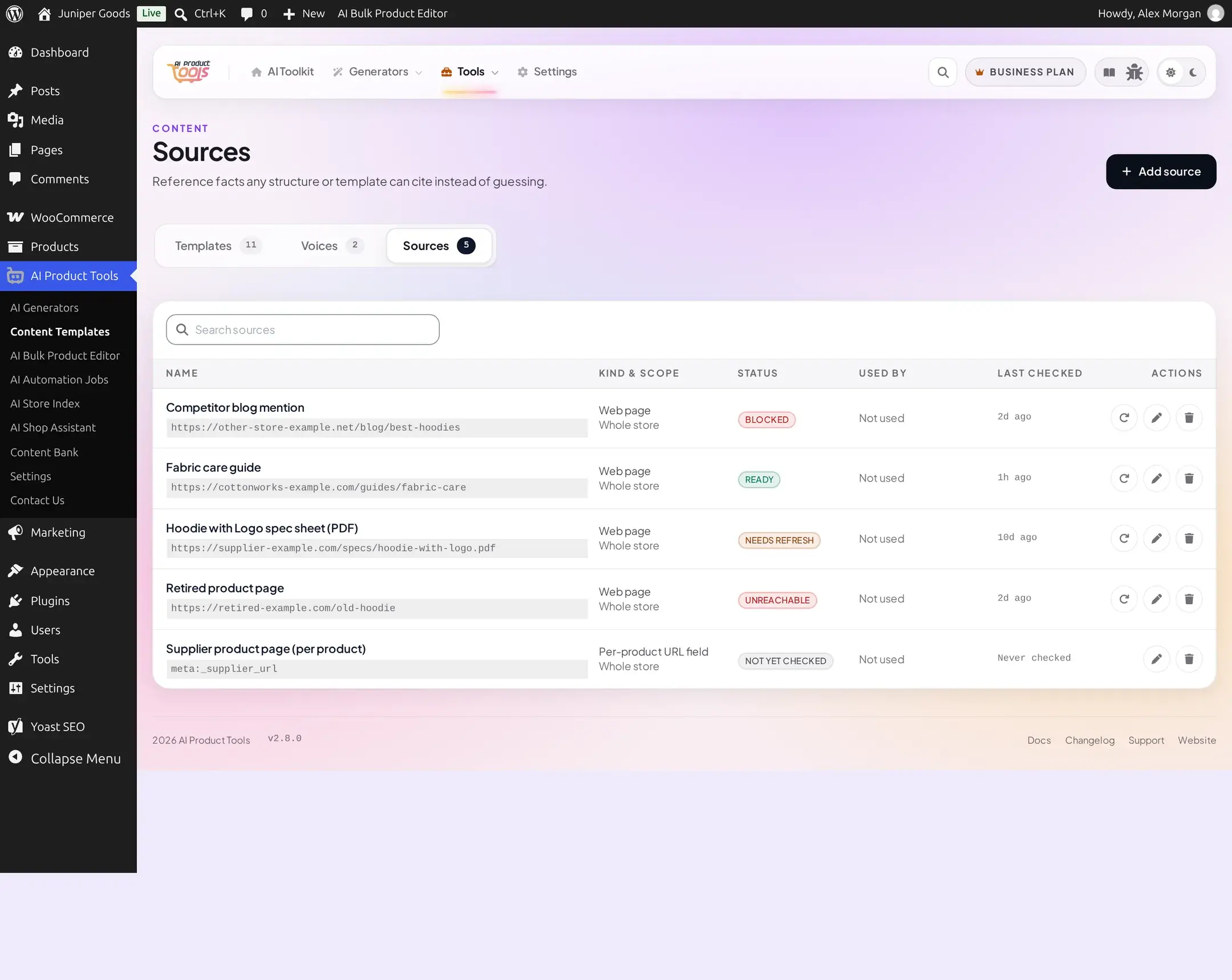 Sources library listing five sources with their kind, scope and live status: Ready, Needs refresh, Unreachable, Blocked and Not yet checked