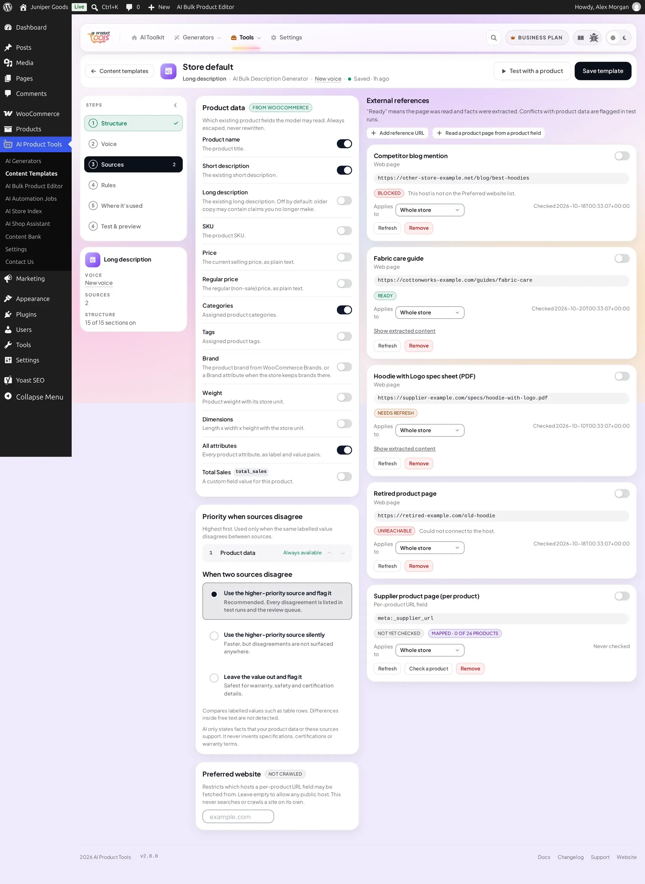 A structure's Sources tab showing the Product data field checklist, a Priority list of enabled sources, conflict-handling options, and the External references list