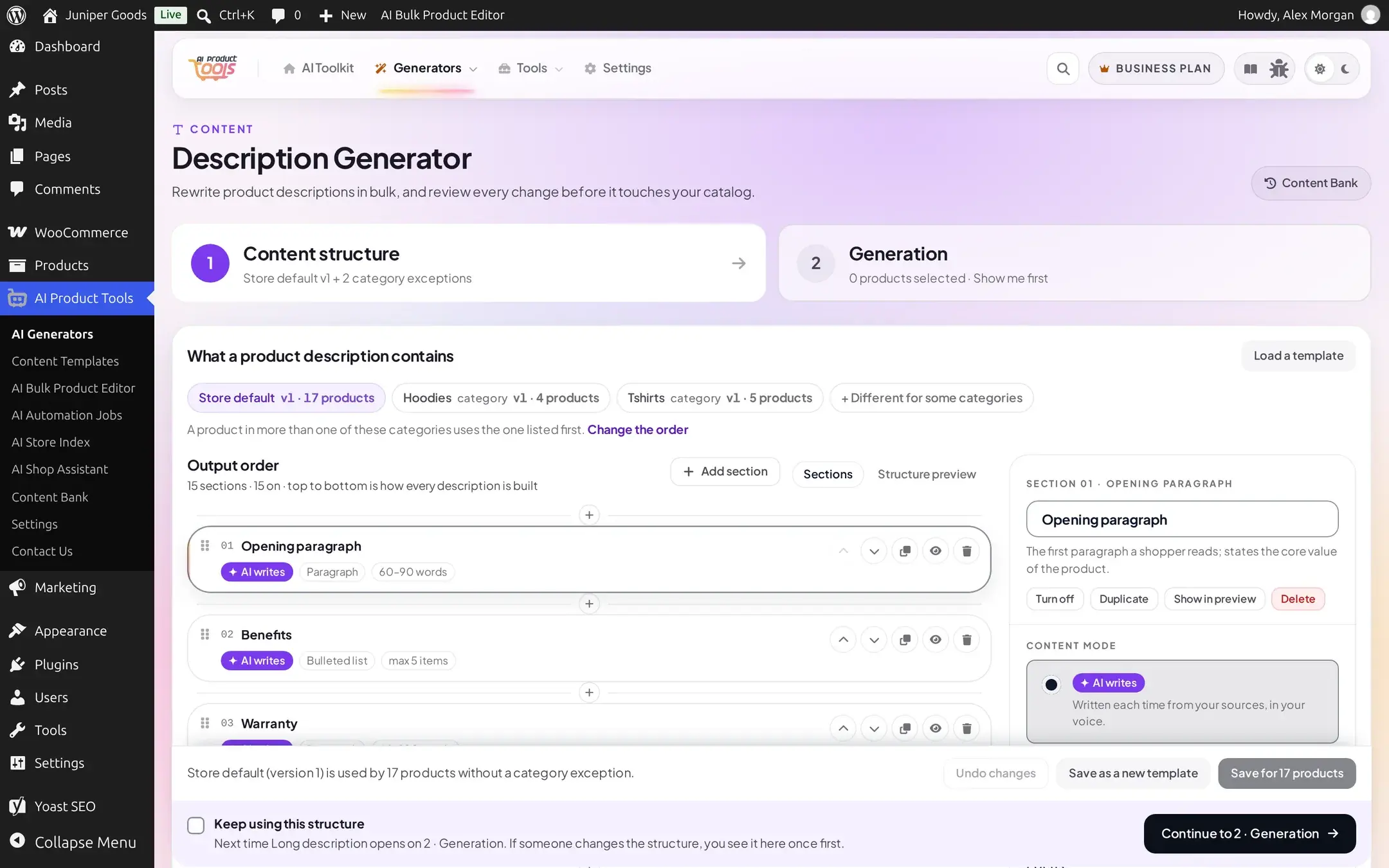 Chip row showing Store default, Hoodies category exception and Tshirts category exception, each with its own version and product count, plus a Change the order link