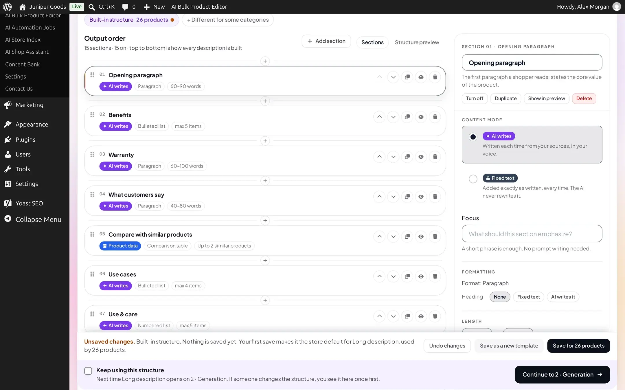 Opening paragraph section selected in the inspector, showing AI writes content mode, a Focus field, Paragraph formatting and a 60 to 90 word length target