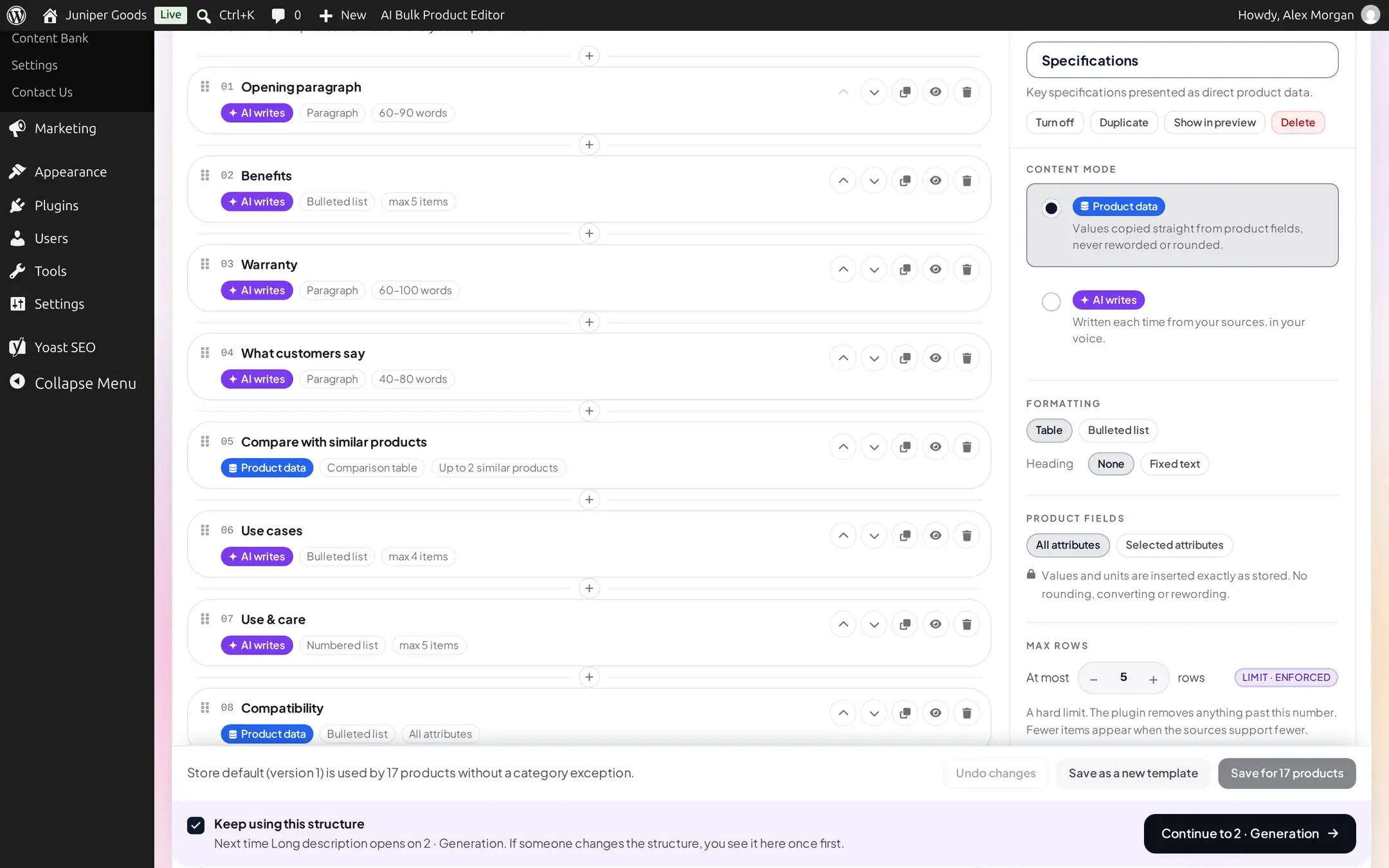 Specifications section selected in data mode, with a Product fields checklist set to All attributes