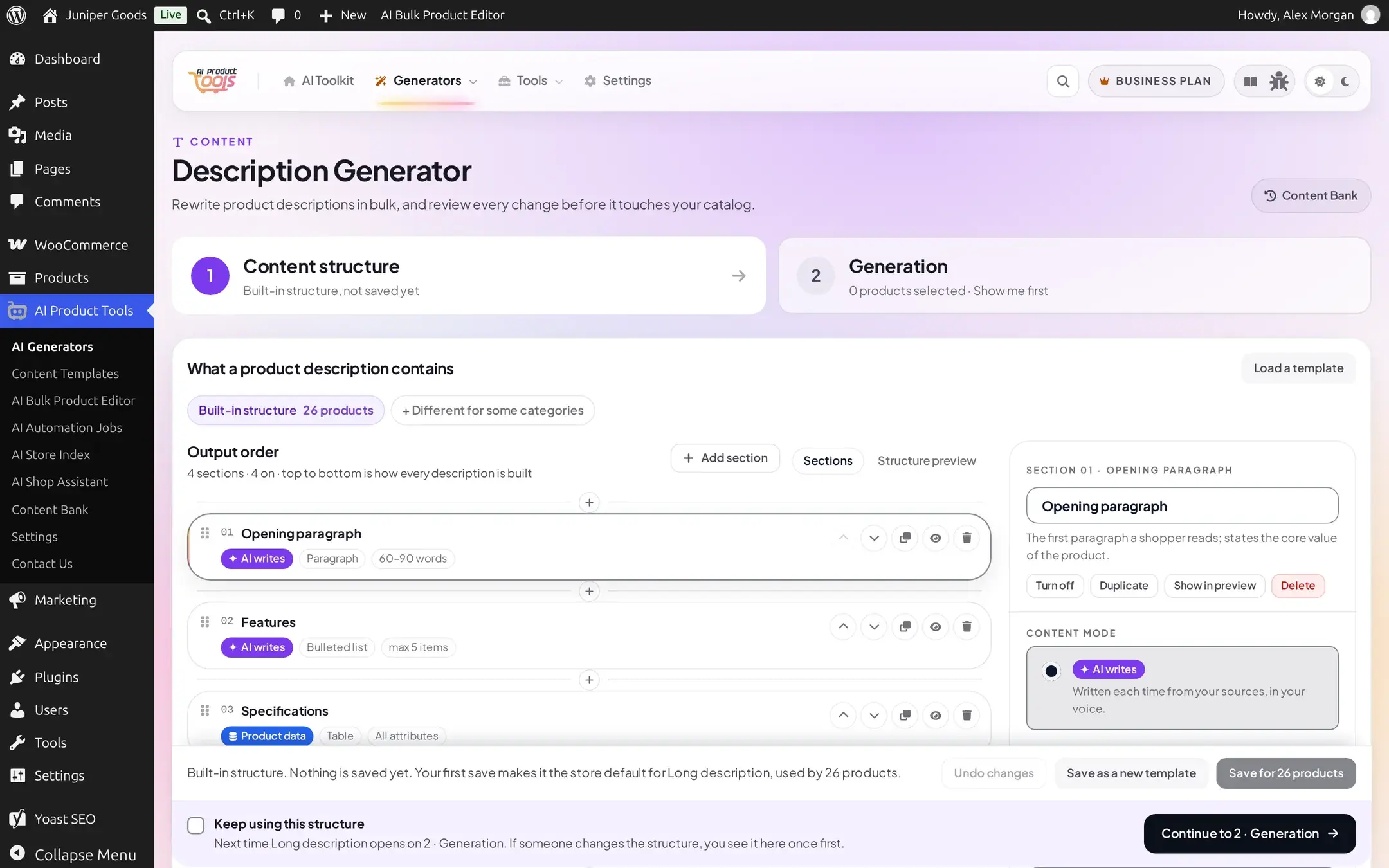 Description Generator page showing the built-in content structure with Opening paragraph, Features and Specifications sections, and the Content structure and Generation step cards above it