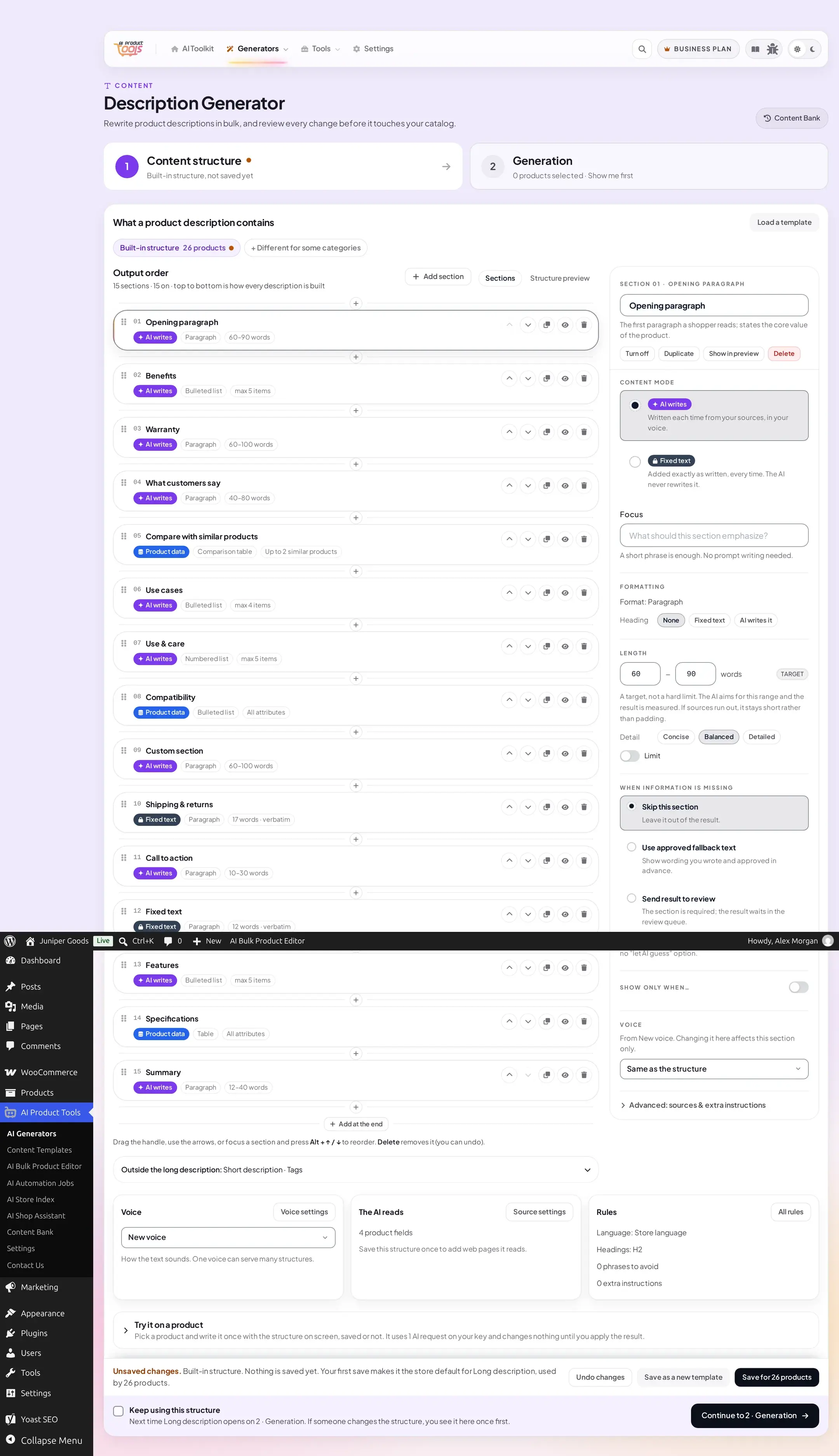 Description generator tab 1 with fifteen sections added, including Warranty, What customers say, Compare with similar products, a fixed-text section and Shipping and returns