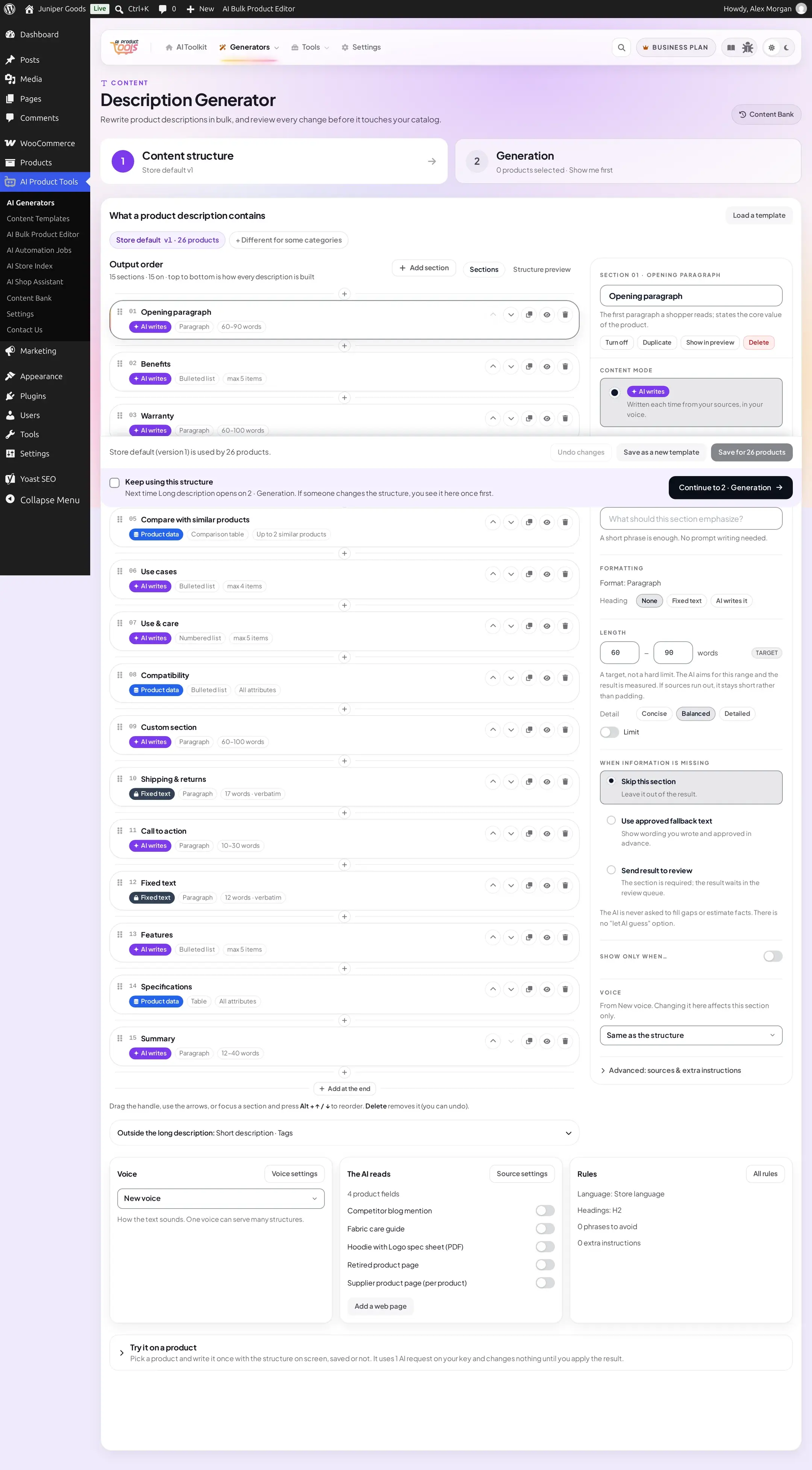 Description generator tab 1 after saving, showing the Voice, The AI reads and Rules summary cards with a saved voice, five web sources, and the Save for 26 products bar