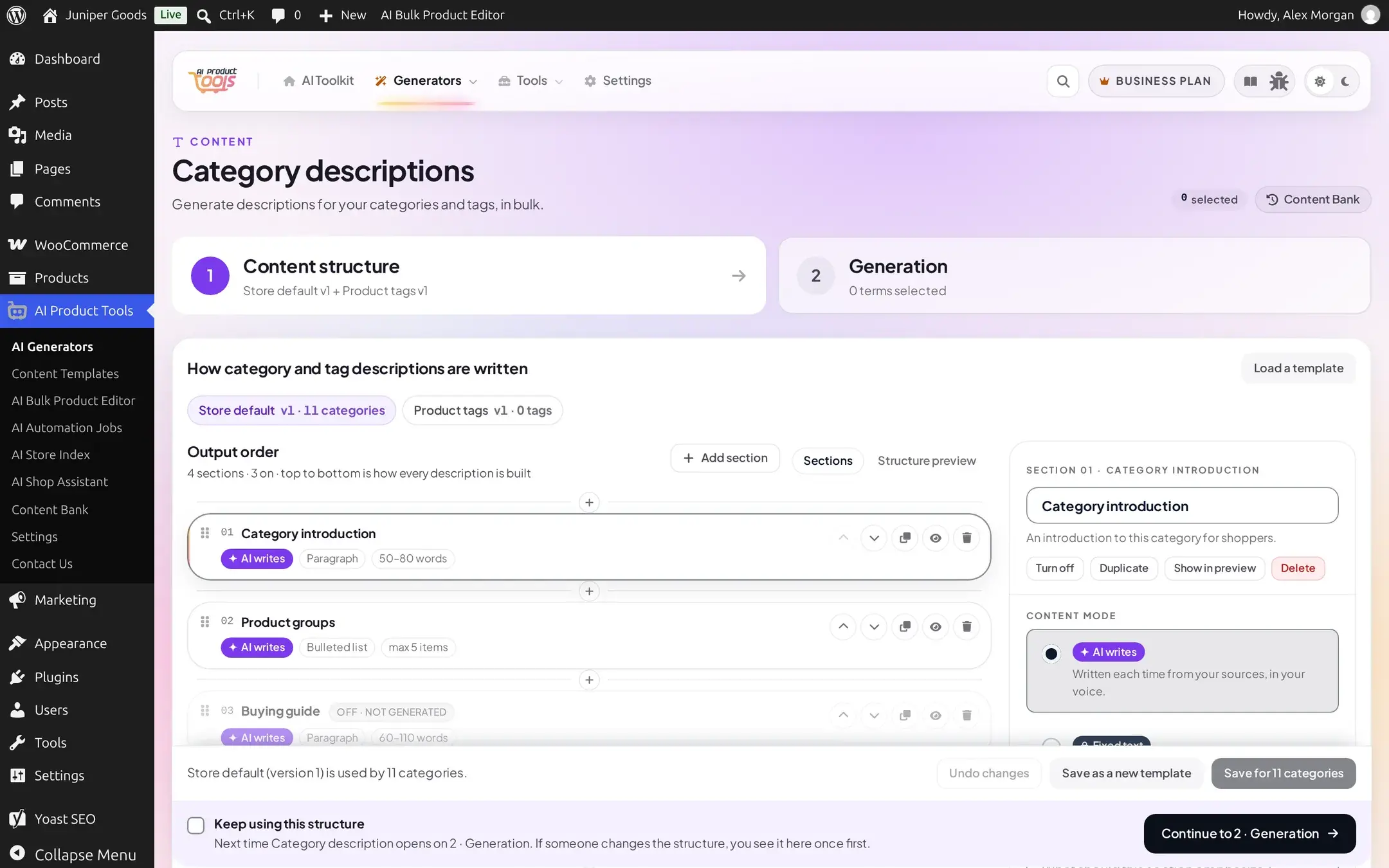 Category descriptions tab 1 with Category introduction, Product groups, Buying guide (turned off) and Closing sections