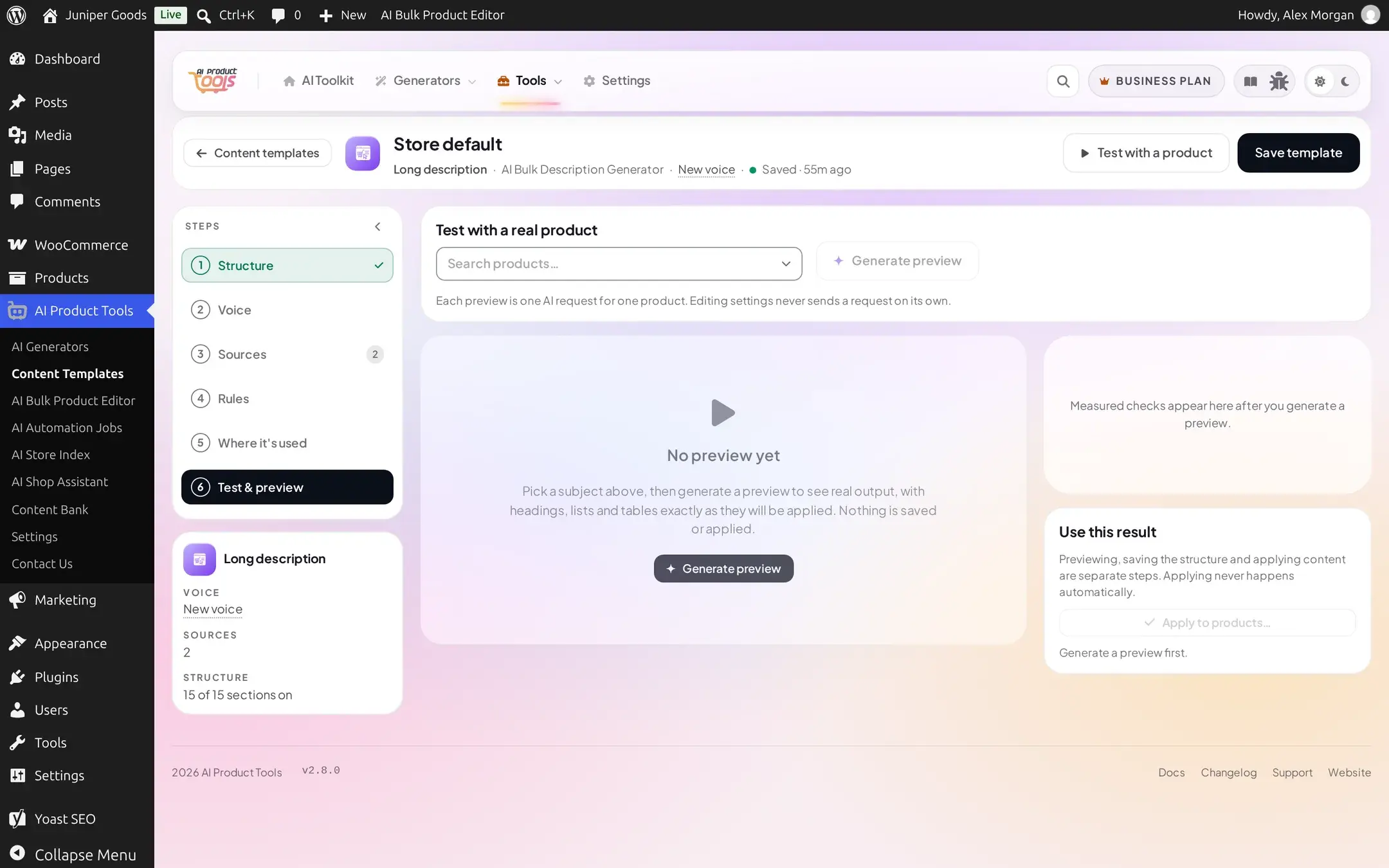Test and preview step before a subject is picked, with a subject selector and a Generate preview button