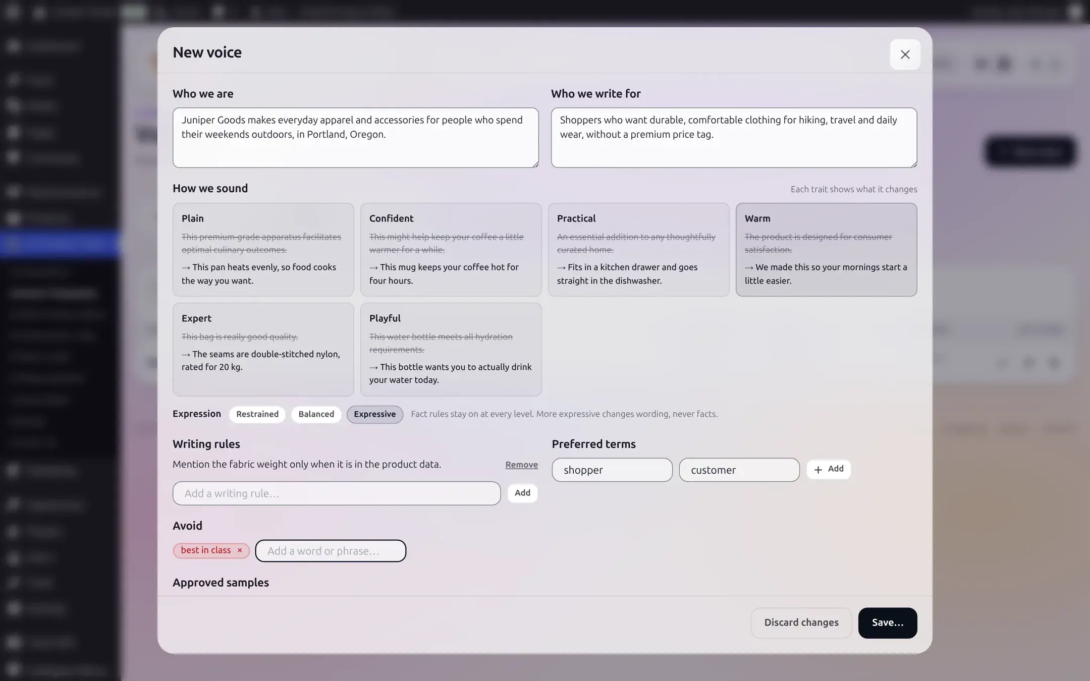 New voice dialog with Who we are and Who we write for text areas, six How we sound trait cards, an Expression dial, writing rules, preferred terms, and an Avoid list