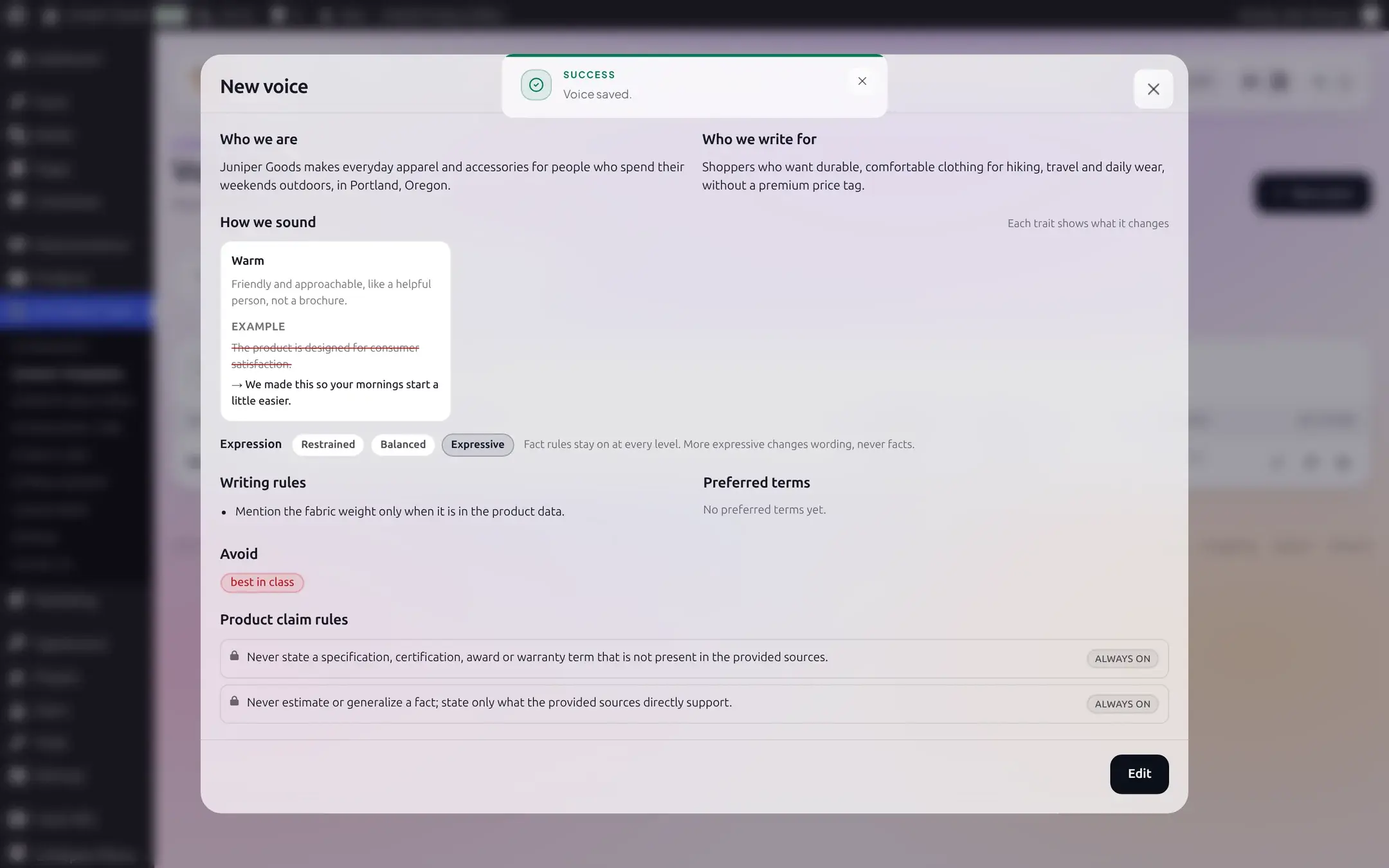 A saved voice's detail view with a Voice saved success message, one trait enabled, a writing rule, an avoided phrase, and two always-on product claim rules