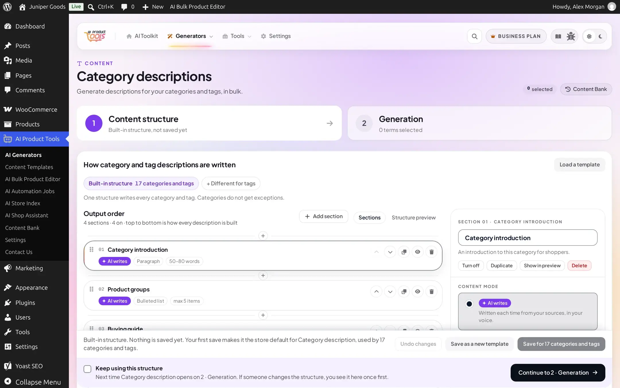 Content structure tab for Category descriptions showing Category introduction and Product groups sections