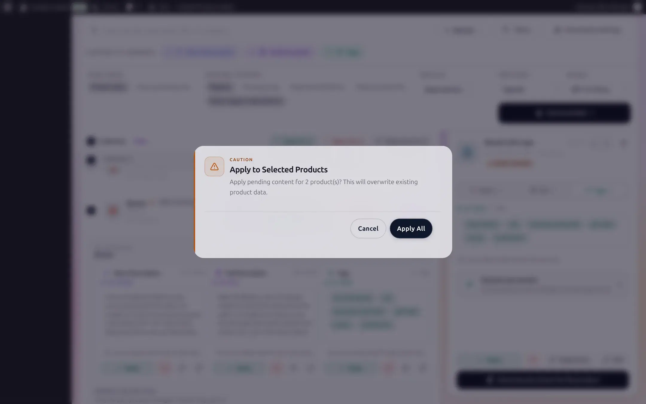 Caution dialog: Apply to Selected Products, Apply pending content for 2 product(s)? This will overwrite existing product data, with Cancel and Apply All buttons